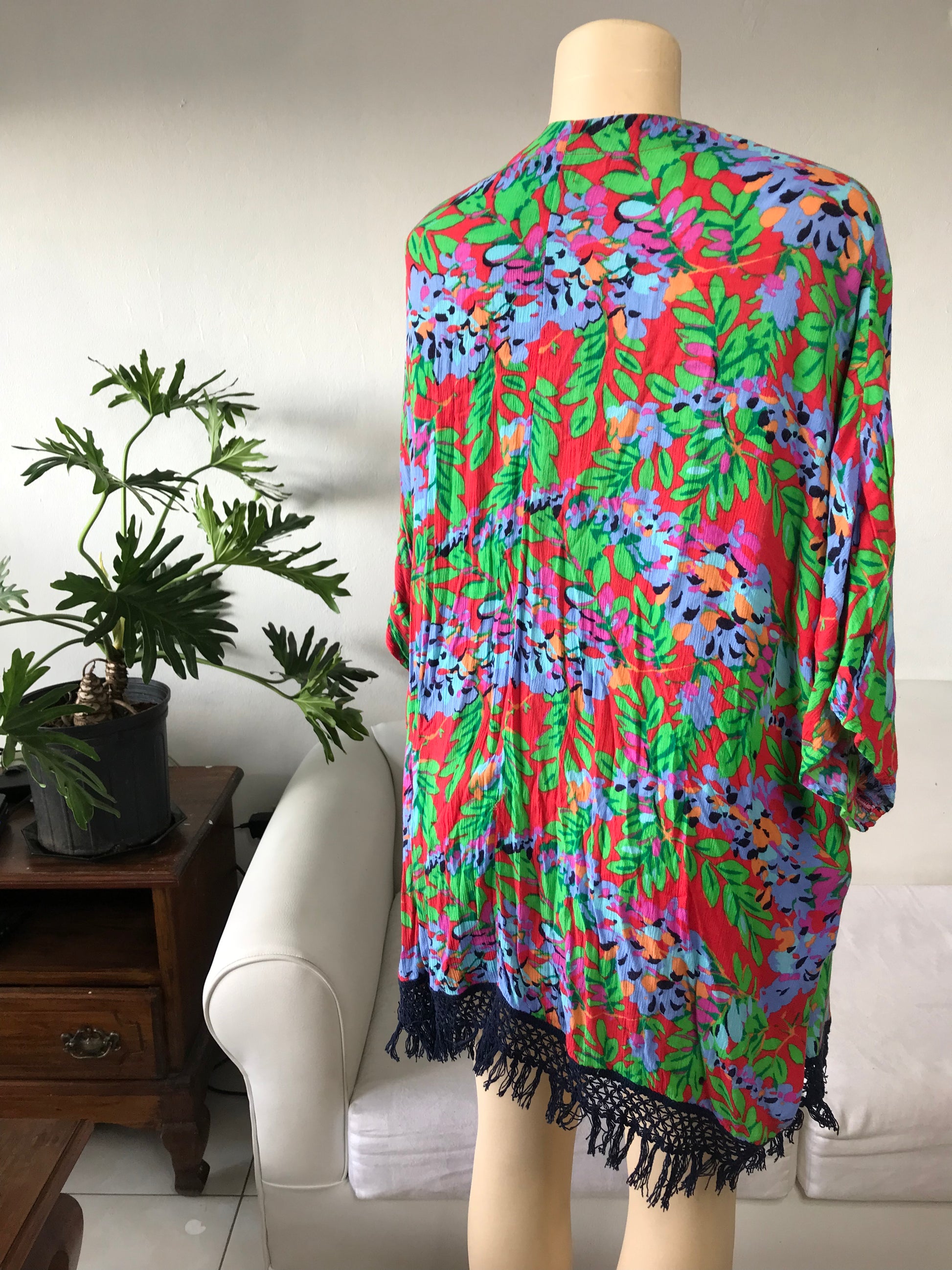 Neon Floral Tassel Kimono Cardigan  - M