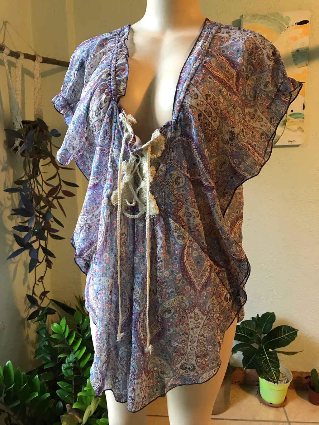 Purple Paisley Sheer Kimono Sleeve Blouse