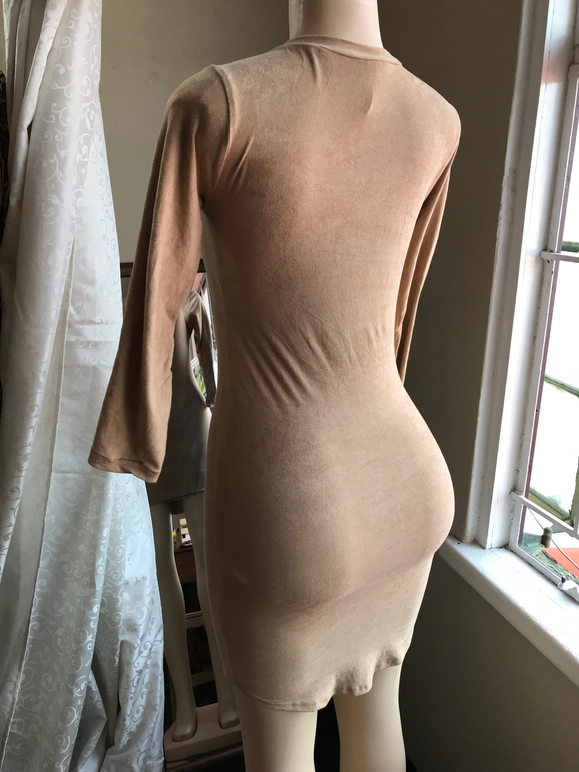 Camel Suede Minimalist Bodycon Dress