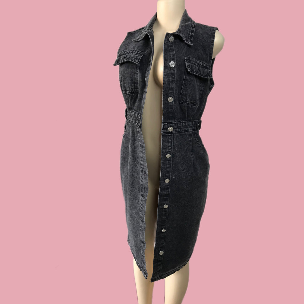 90s Denim Button Front Midi Dress Charcoal - S