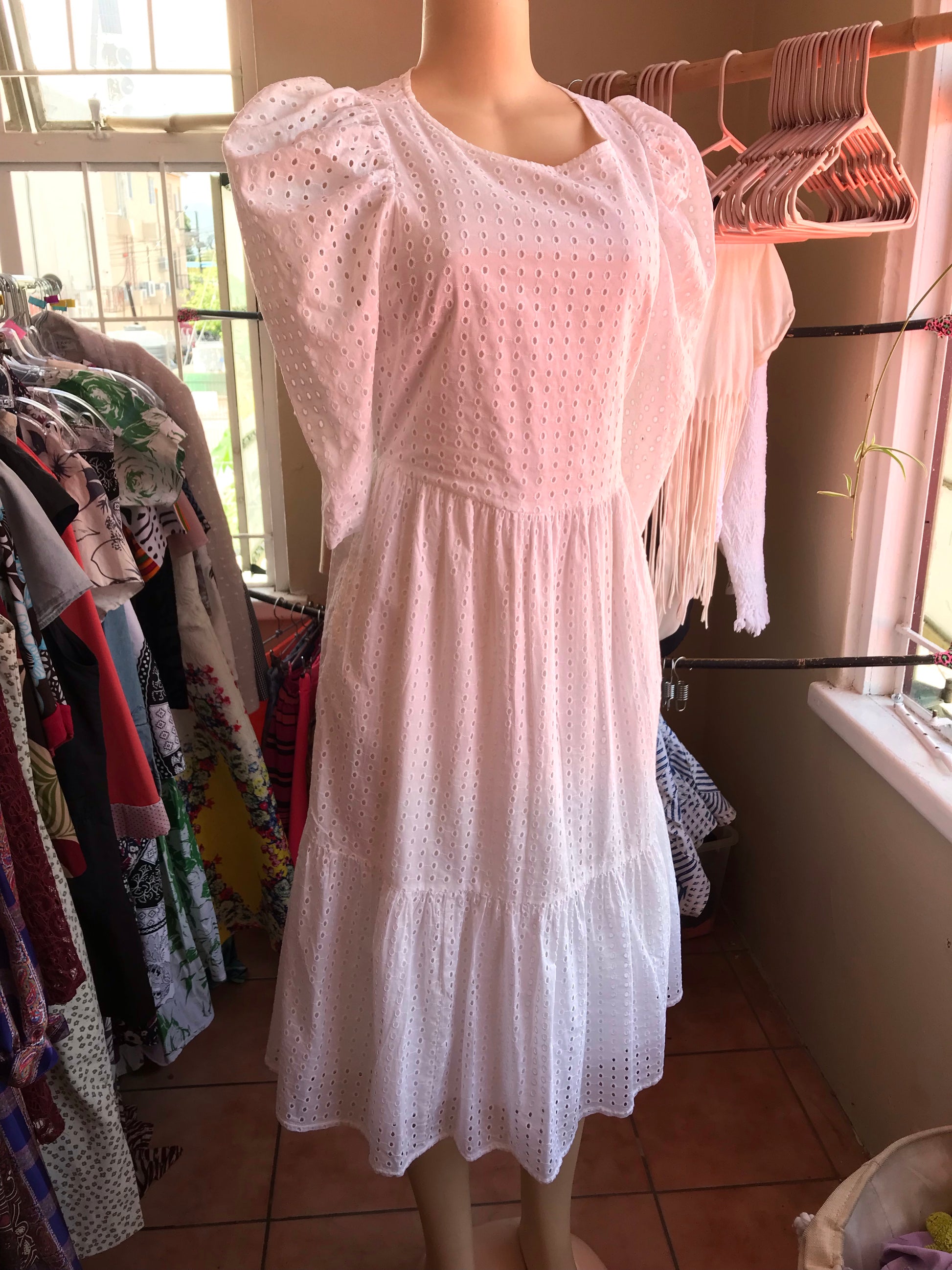 White Puff Sleeve Eyelet Dress