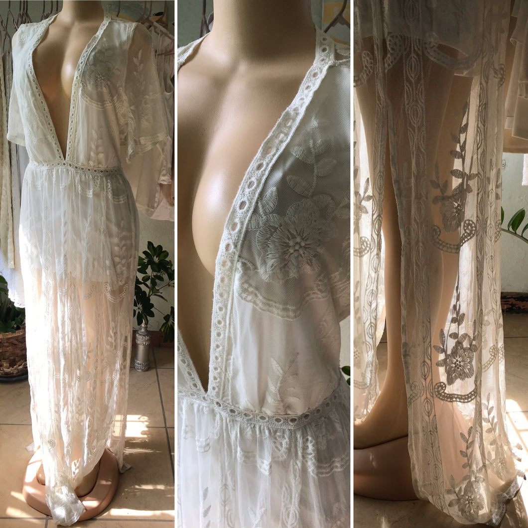 White Embroidery Boho Lace Maxi Romper Plunge Neck Extra Long •••
