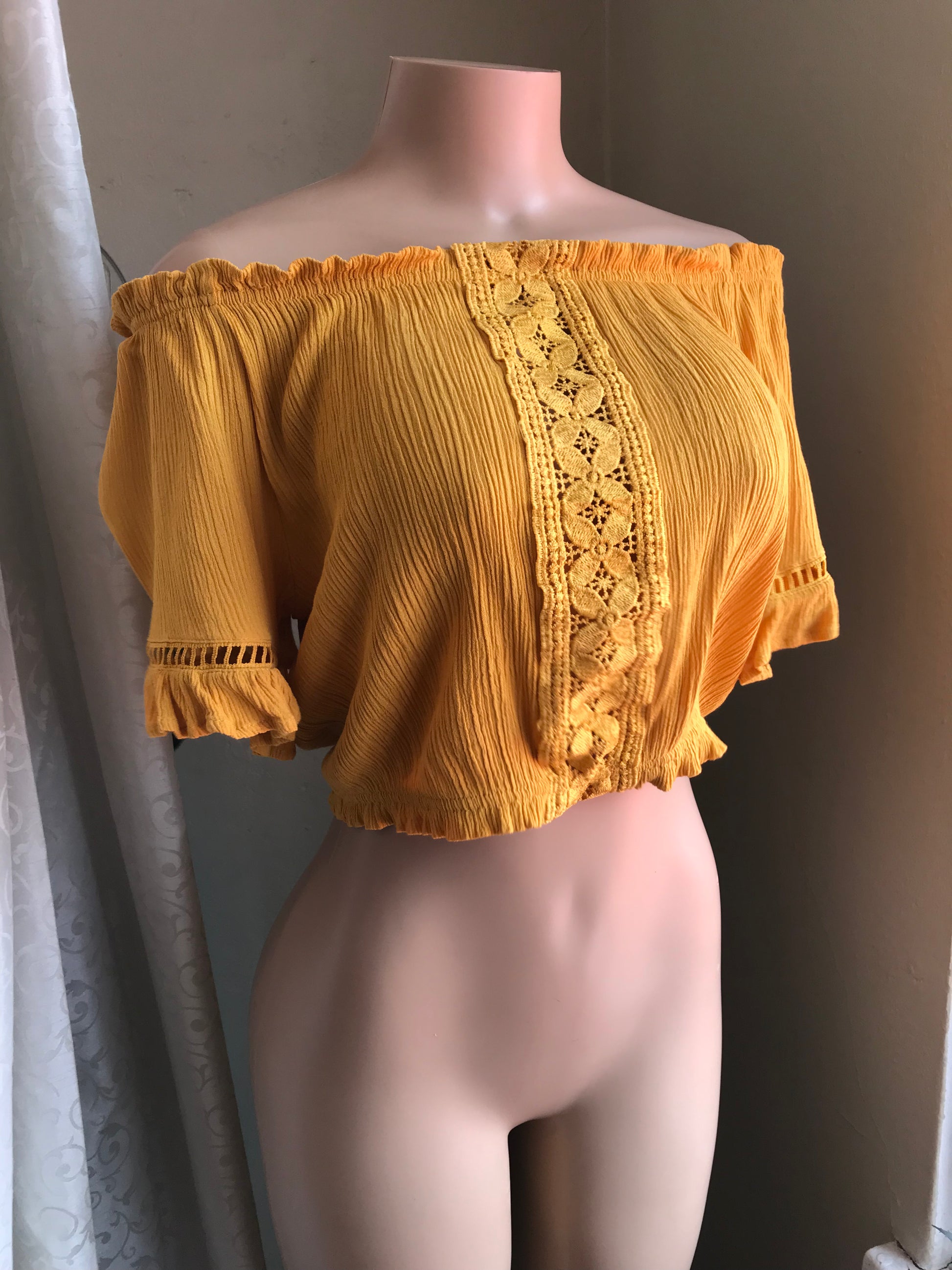Mustard Embroidery Off the Shoulder Top - L