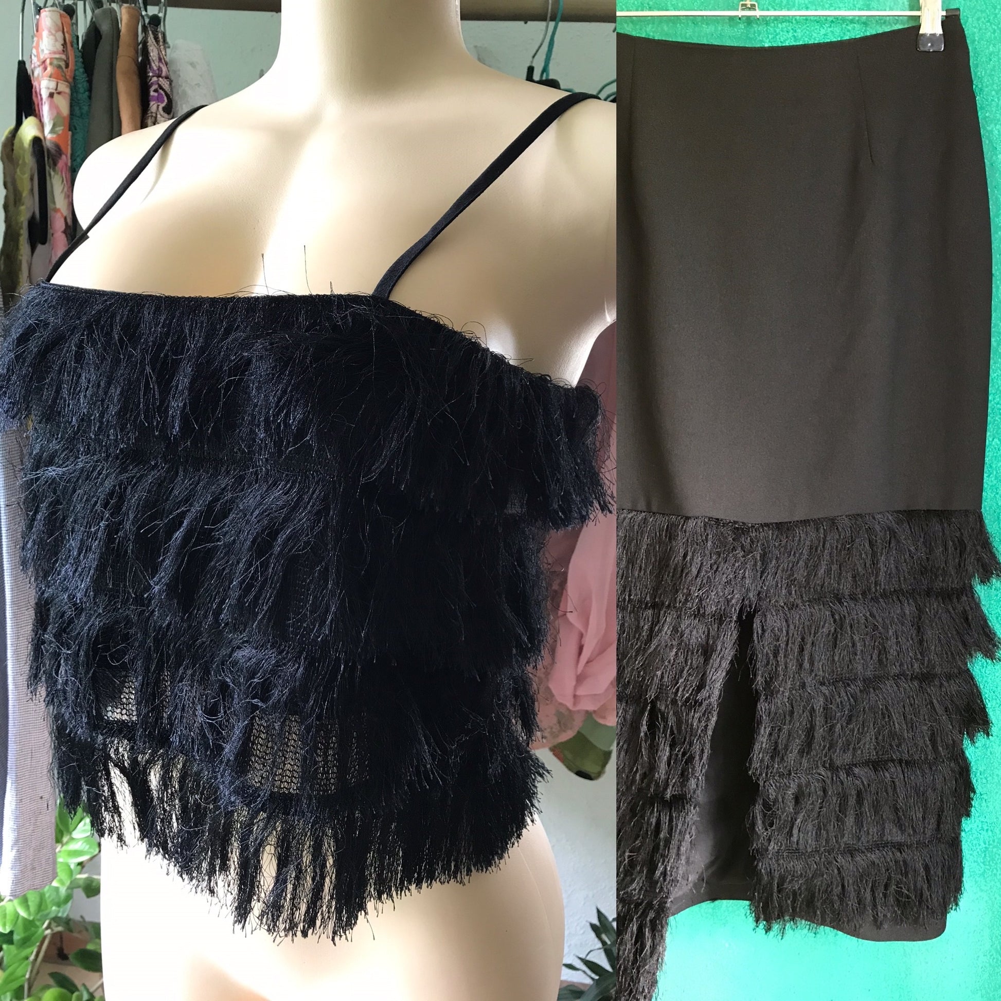 Hairy Black Semi Formal Skirt Set Front Split