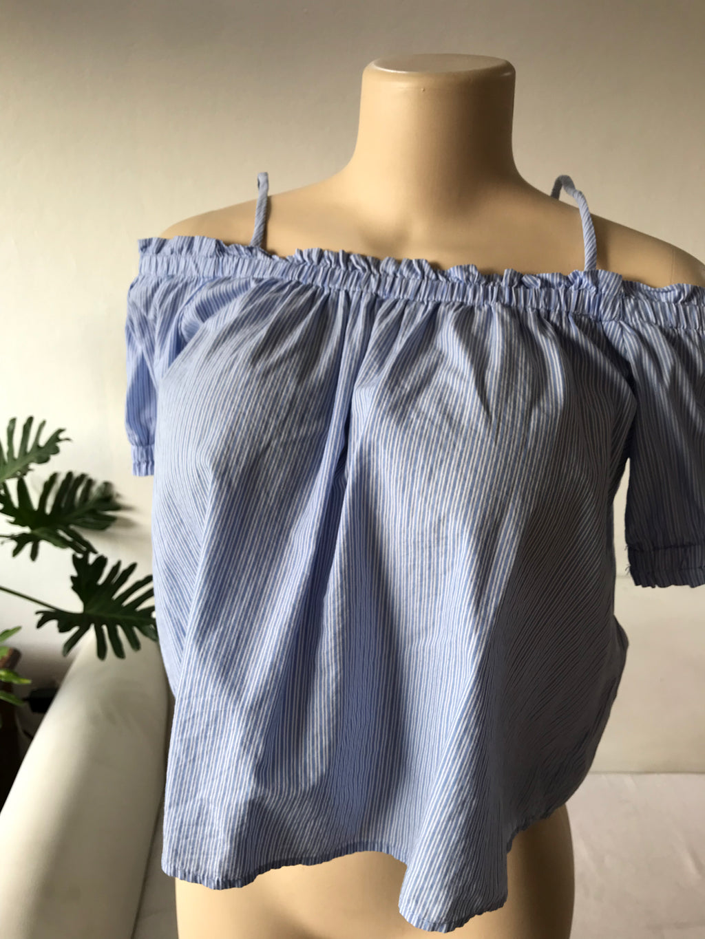 Blue Cotton off the Shoulder Stripe Blouse ...