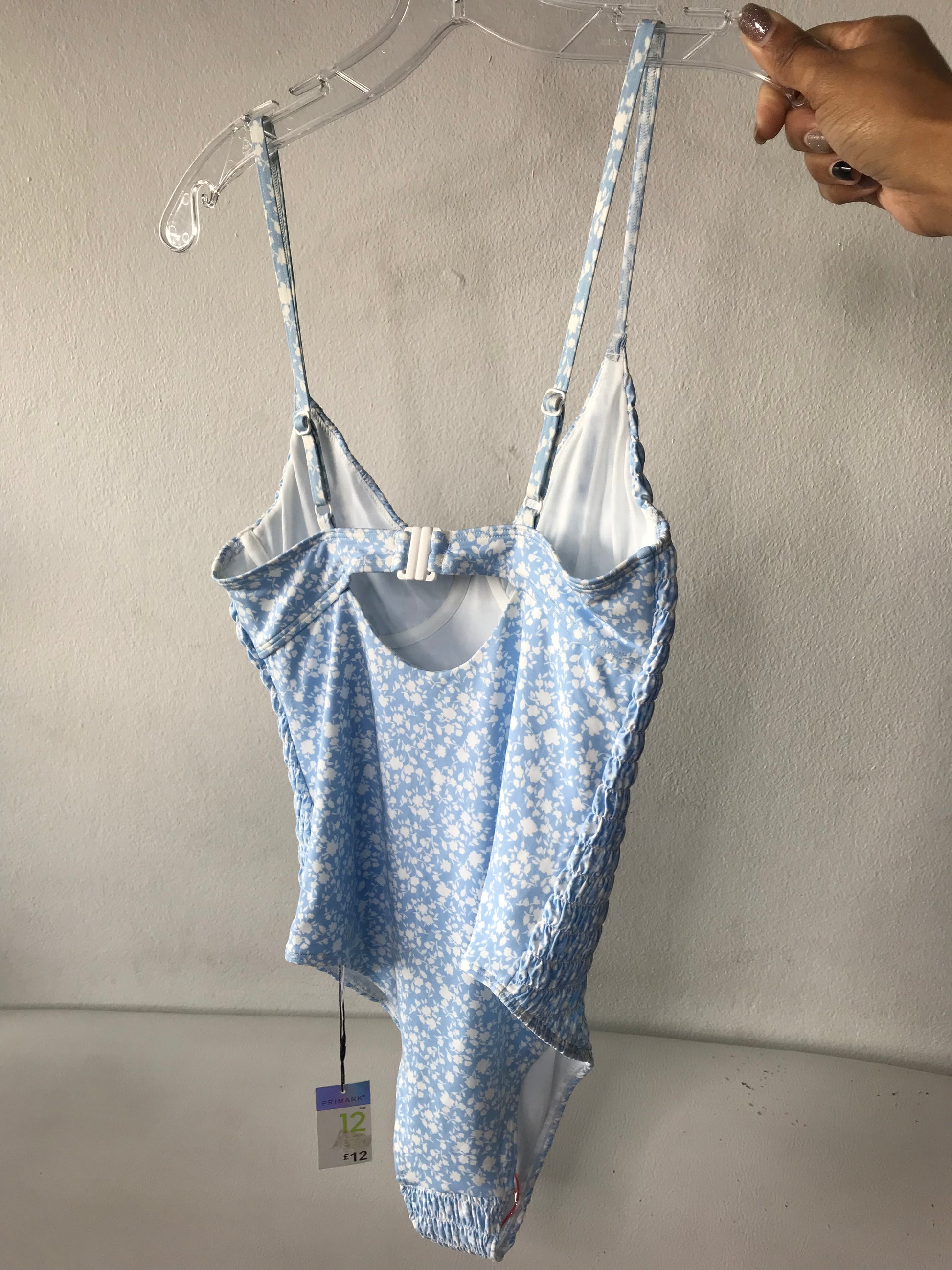NEW Tag One Piece Swim Suit Pastel Blue Ruche - M