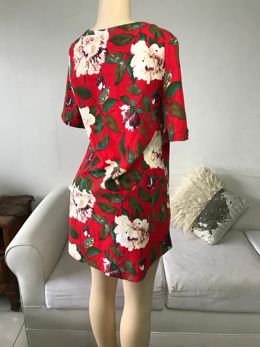 Red Rose Linen Feel Shirt-Dress - L