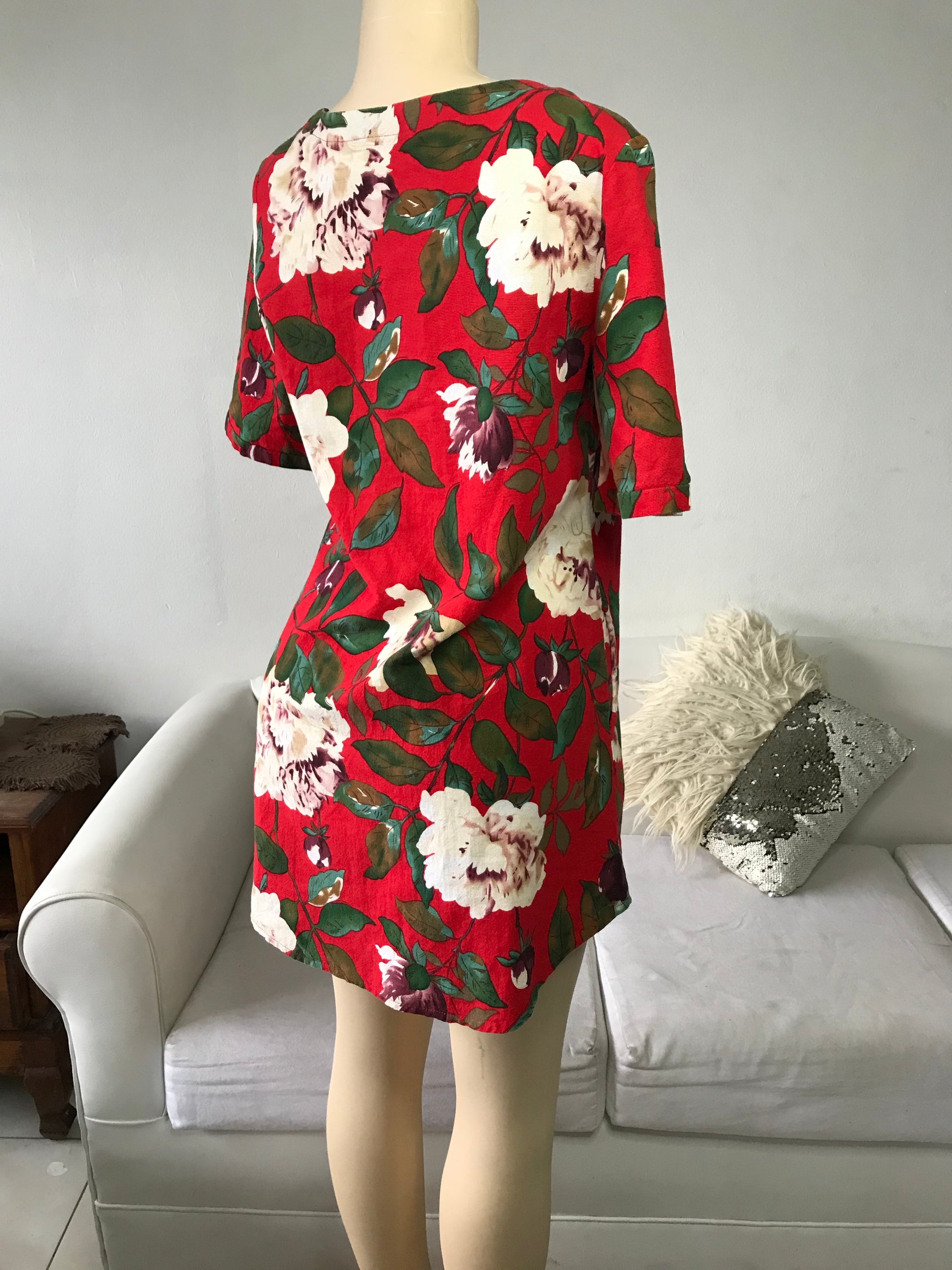Red Rose Linen Feel Shirt-Dress - L