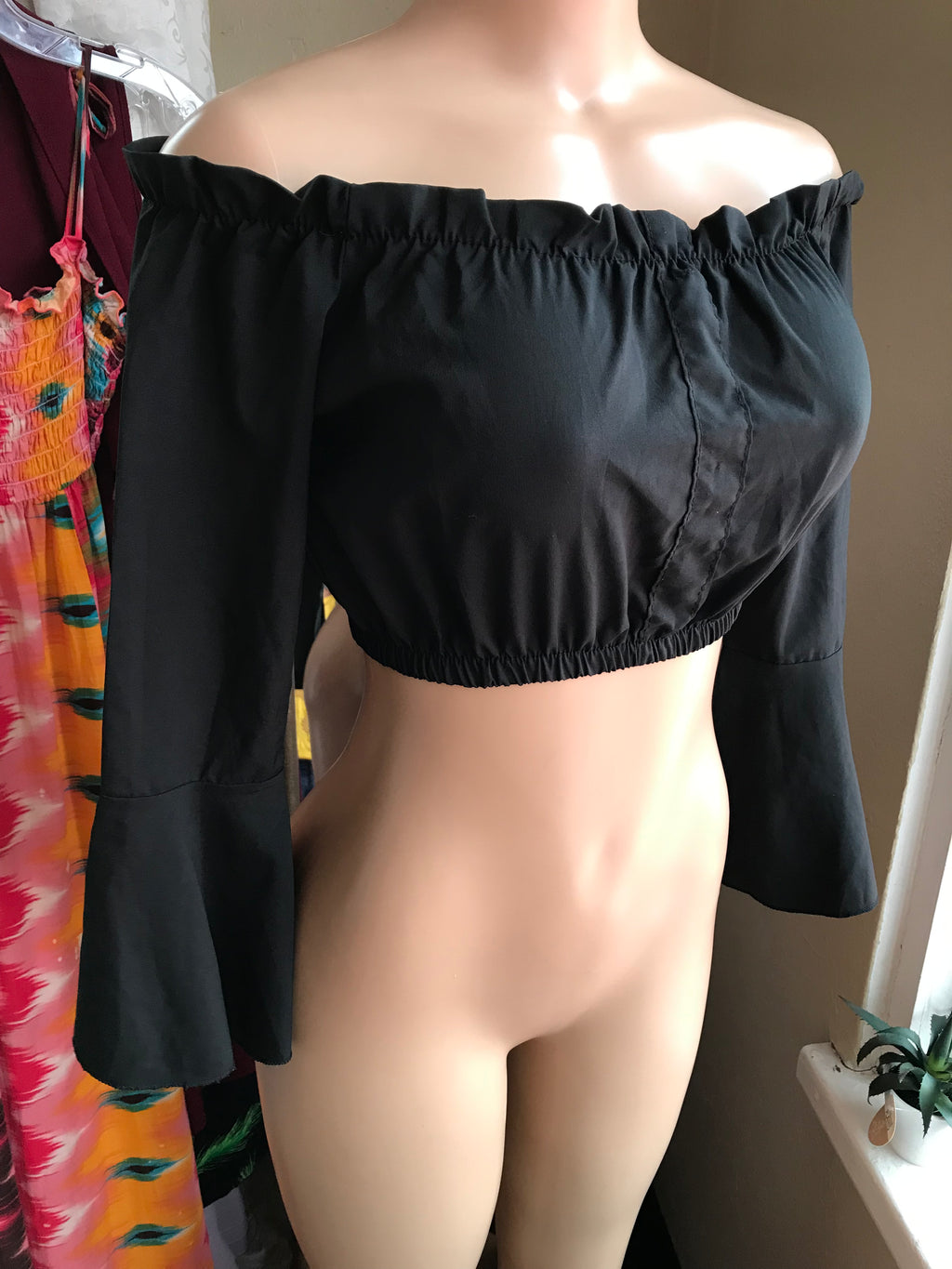Black Bell Sleeve Ruffle Crop Top - S