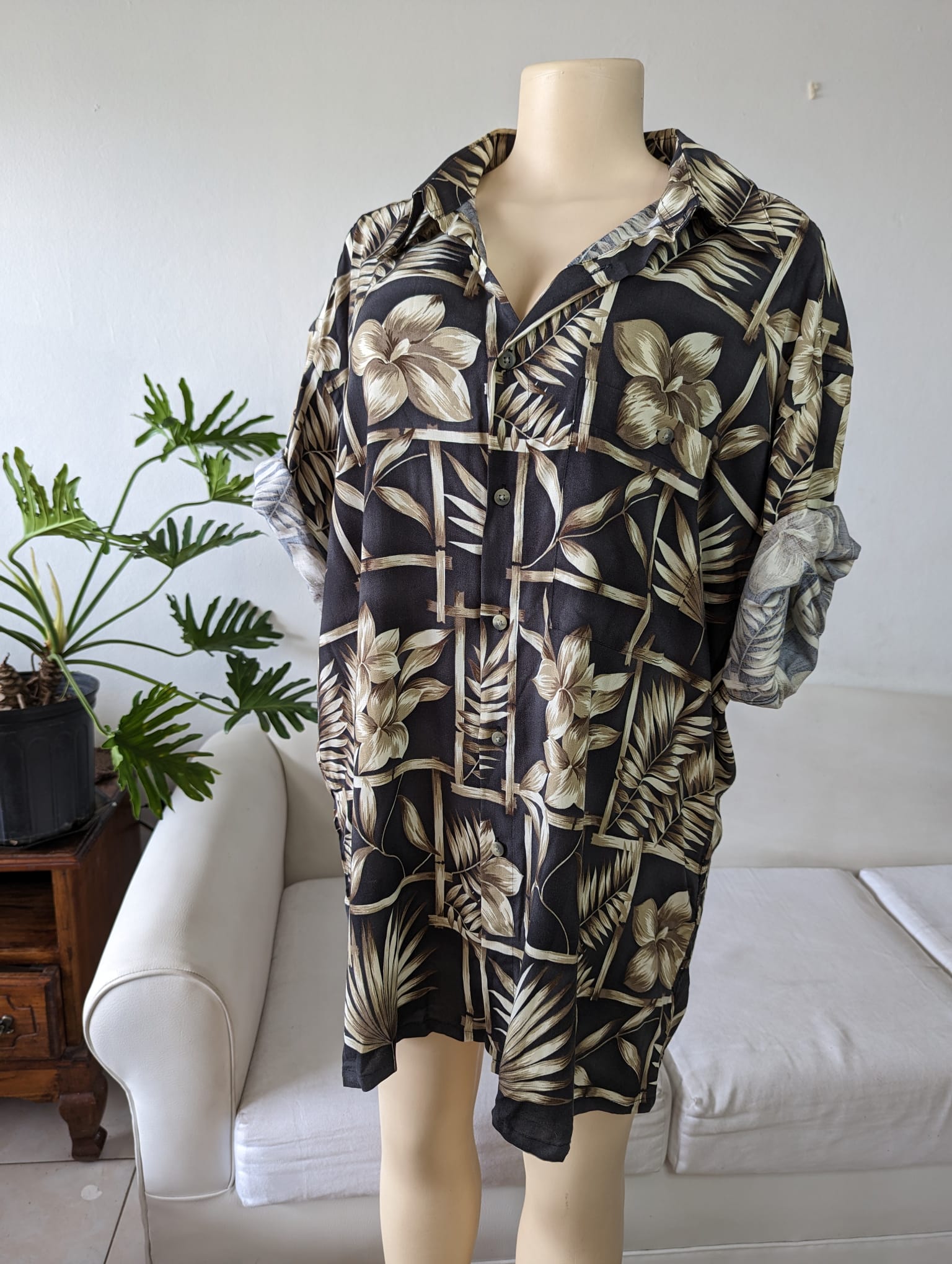 Vintage Brown Palm Print Hawai Shirt Men's |   /XL.