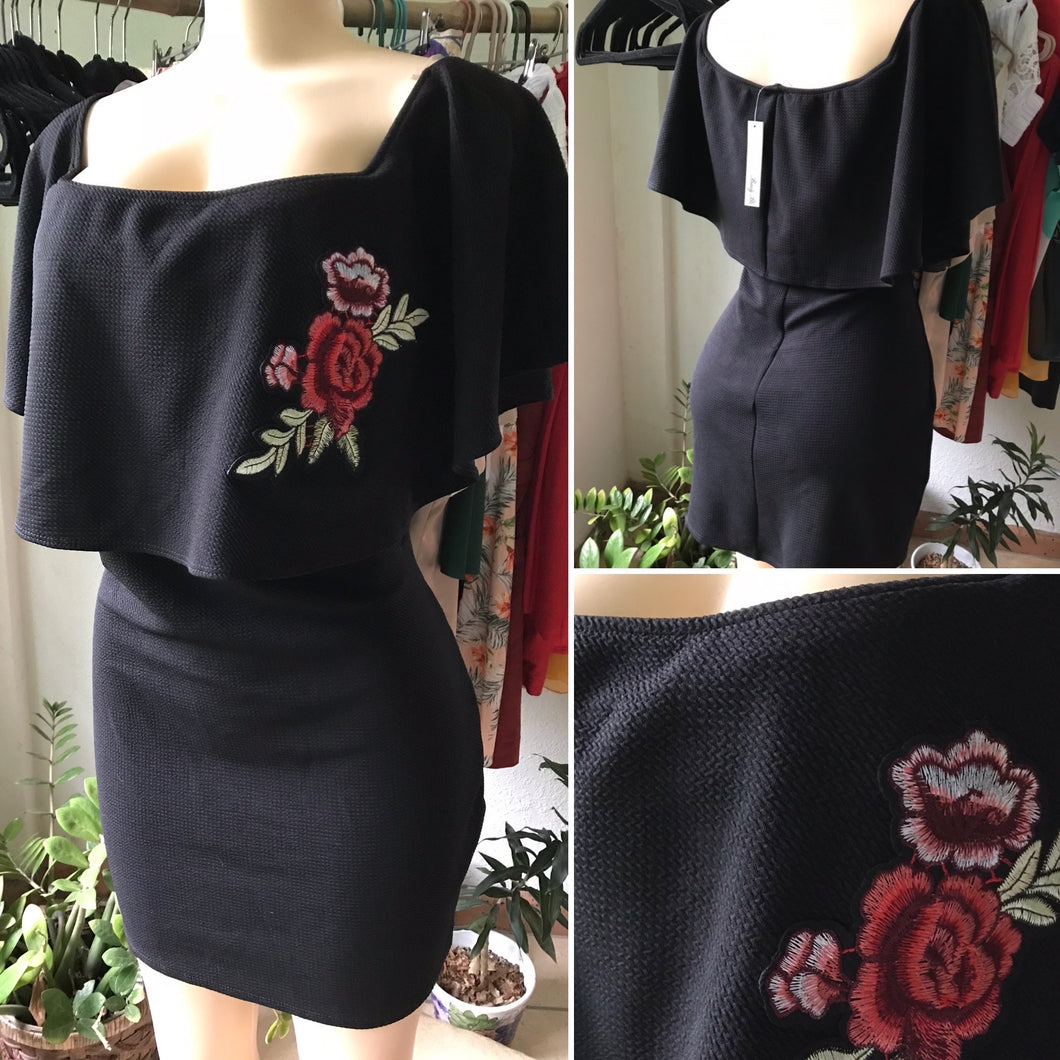New Plus Black Embroidery Detail Off the Shoulder Dress