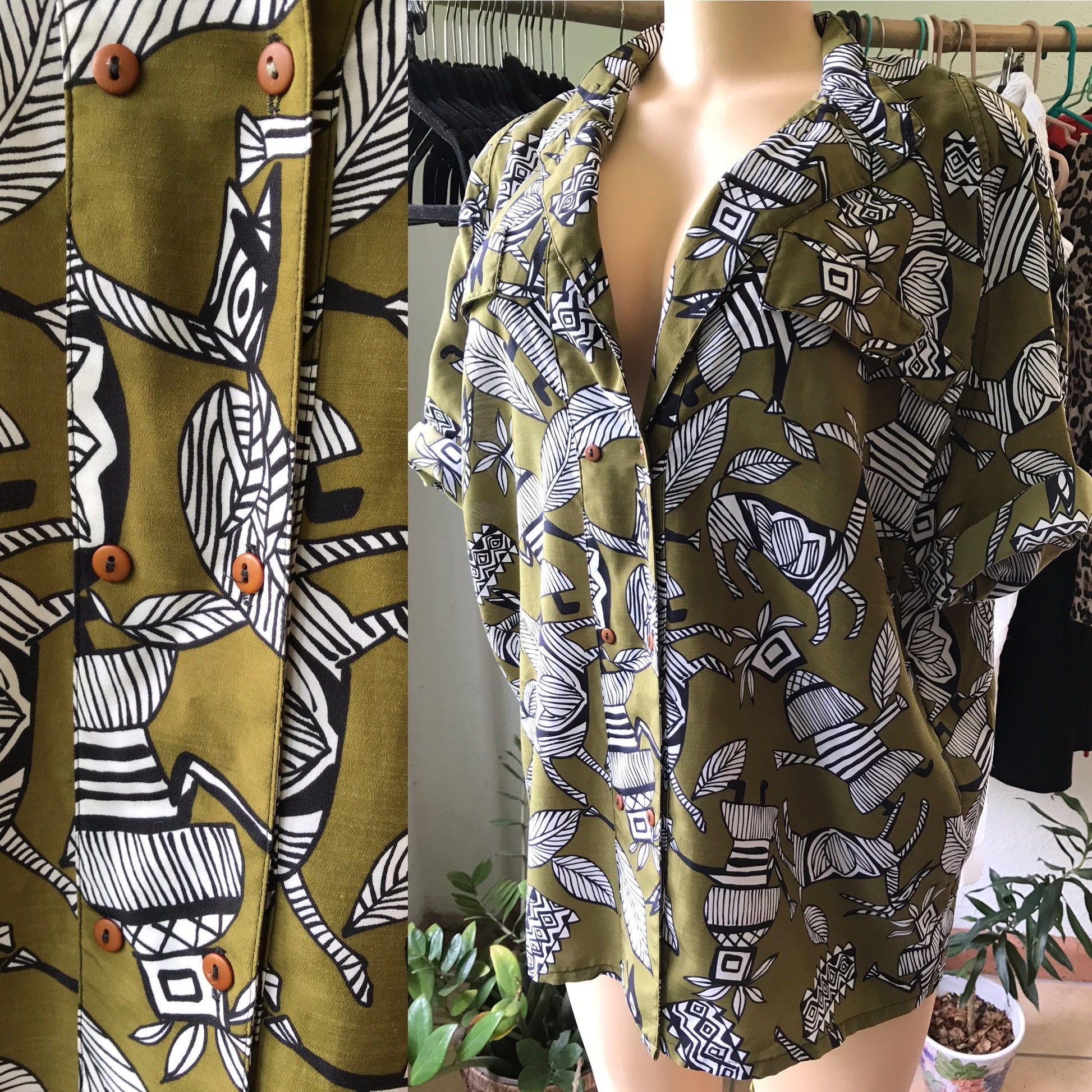 80s Double Breasted Tribal Olive Button Down Blouse