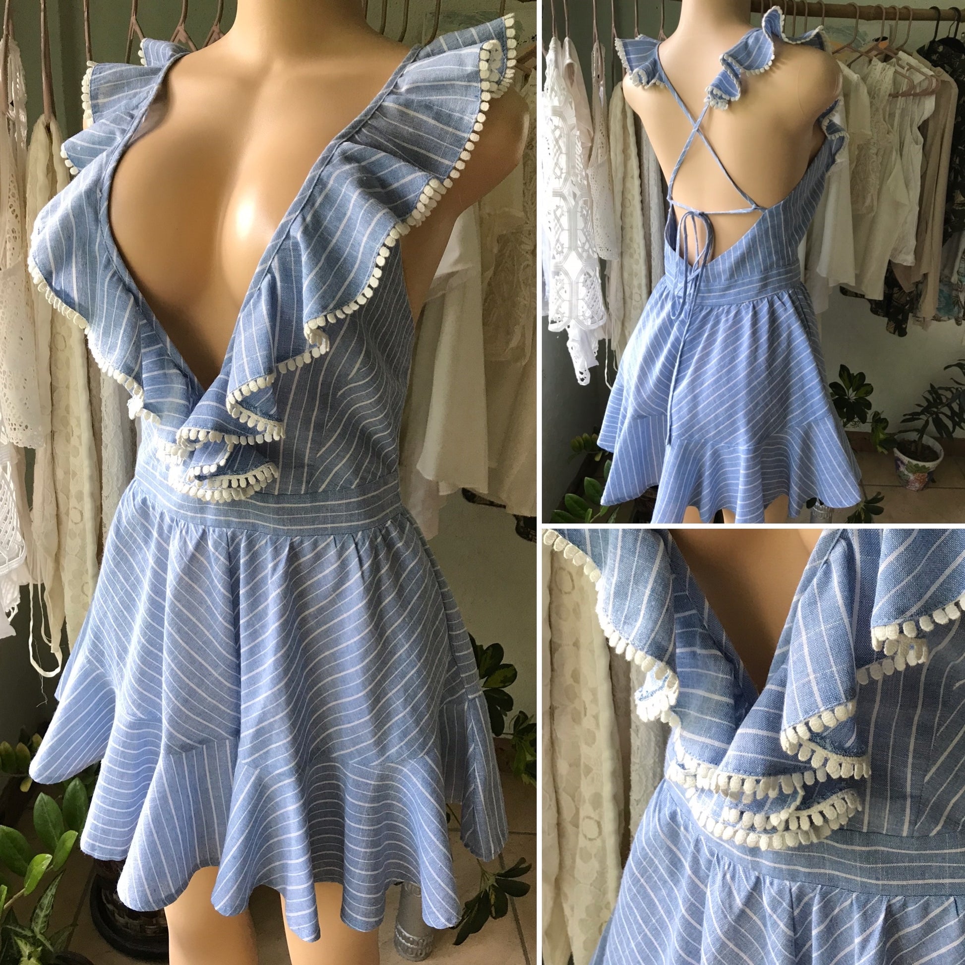Tea & Cup Blue Pinstripe Ruffle Babydoll Dress •••