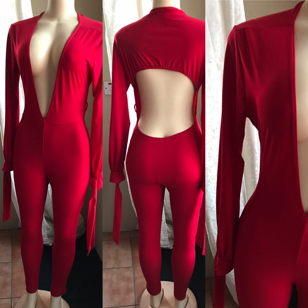 Red Plunge Neck Backless Jumpsuit Tied Cuffs