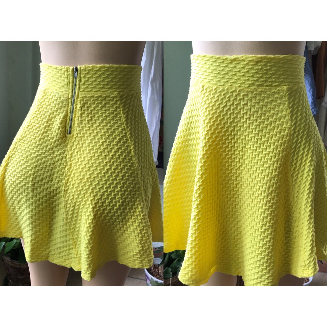H&M Canary Yellow Ribbed High Waist Skater Skirt