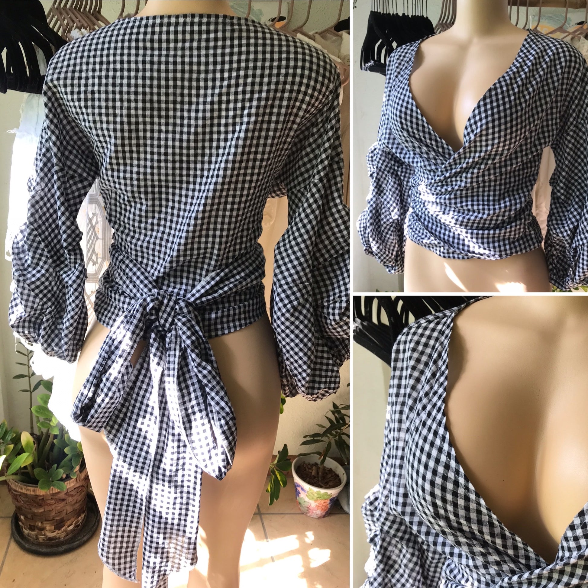B&W Checked Wrap Balloon Sleeve Blouse 100% Cotton