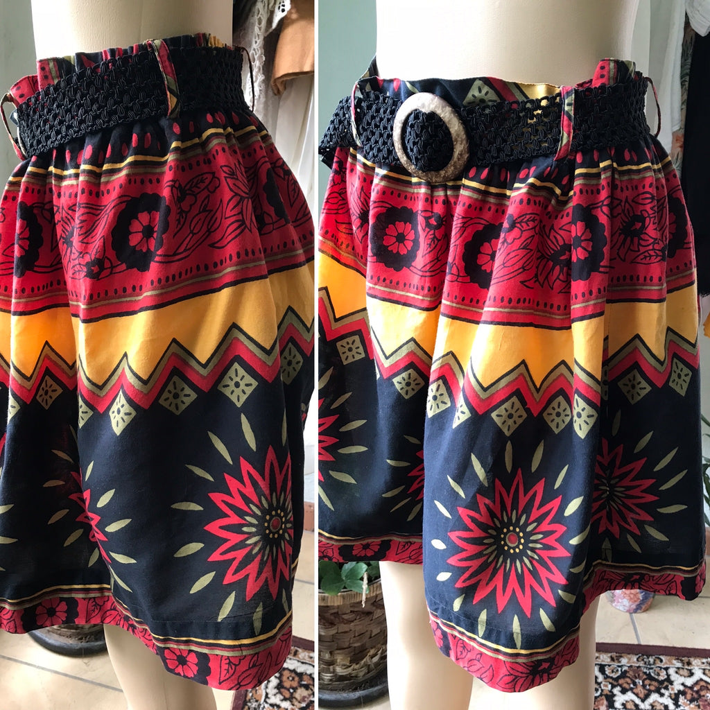 80s Afro Floral Print Flare Skirt