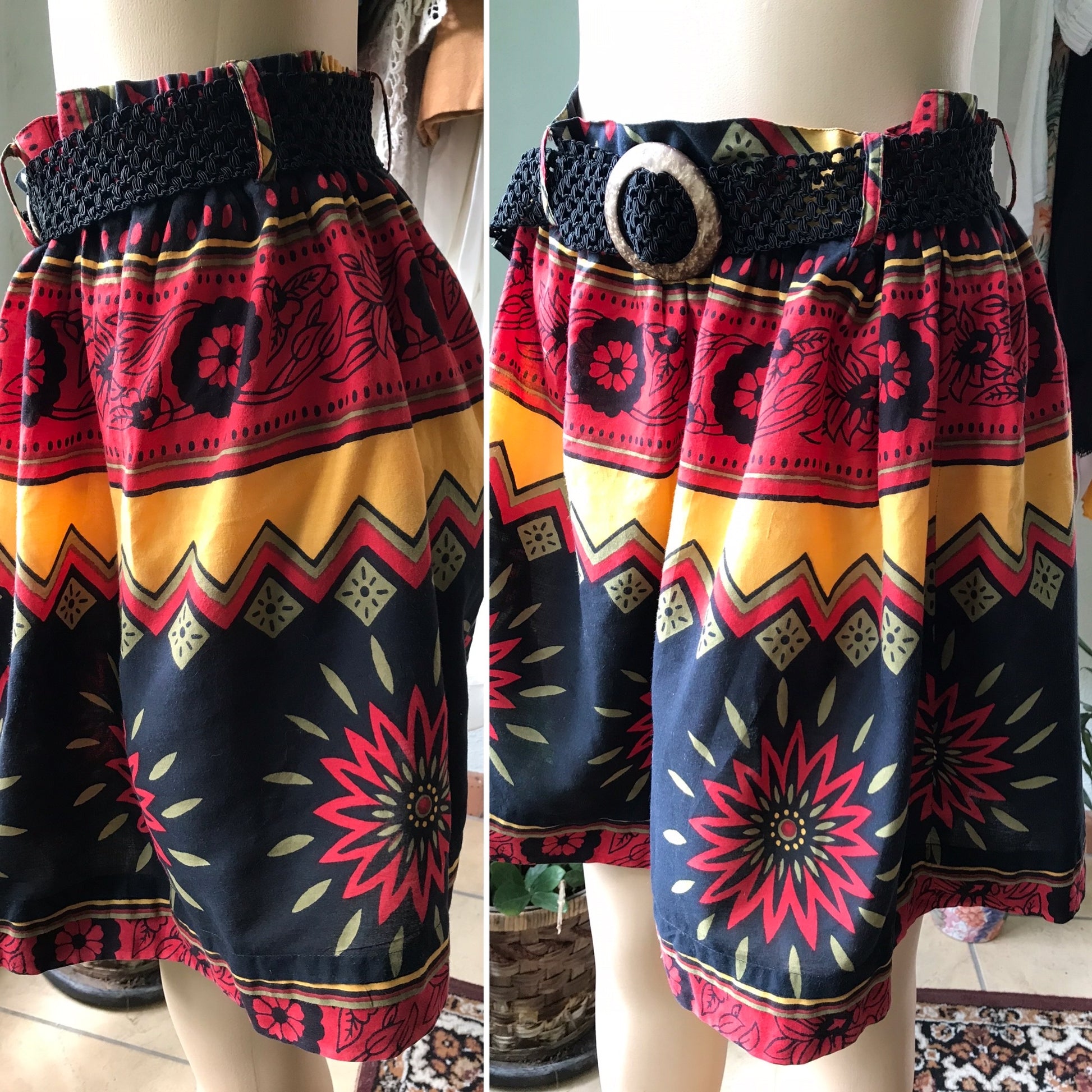 80s Afro Floral Print Flare Skirt