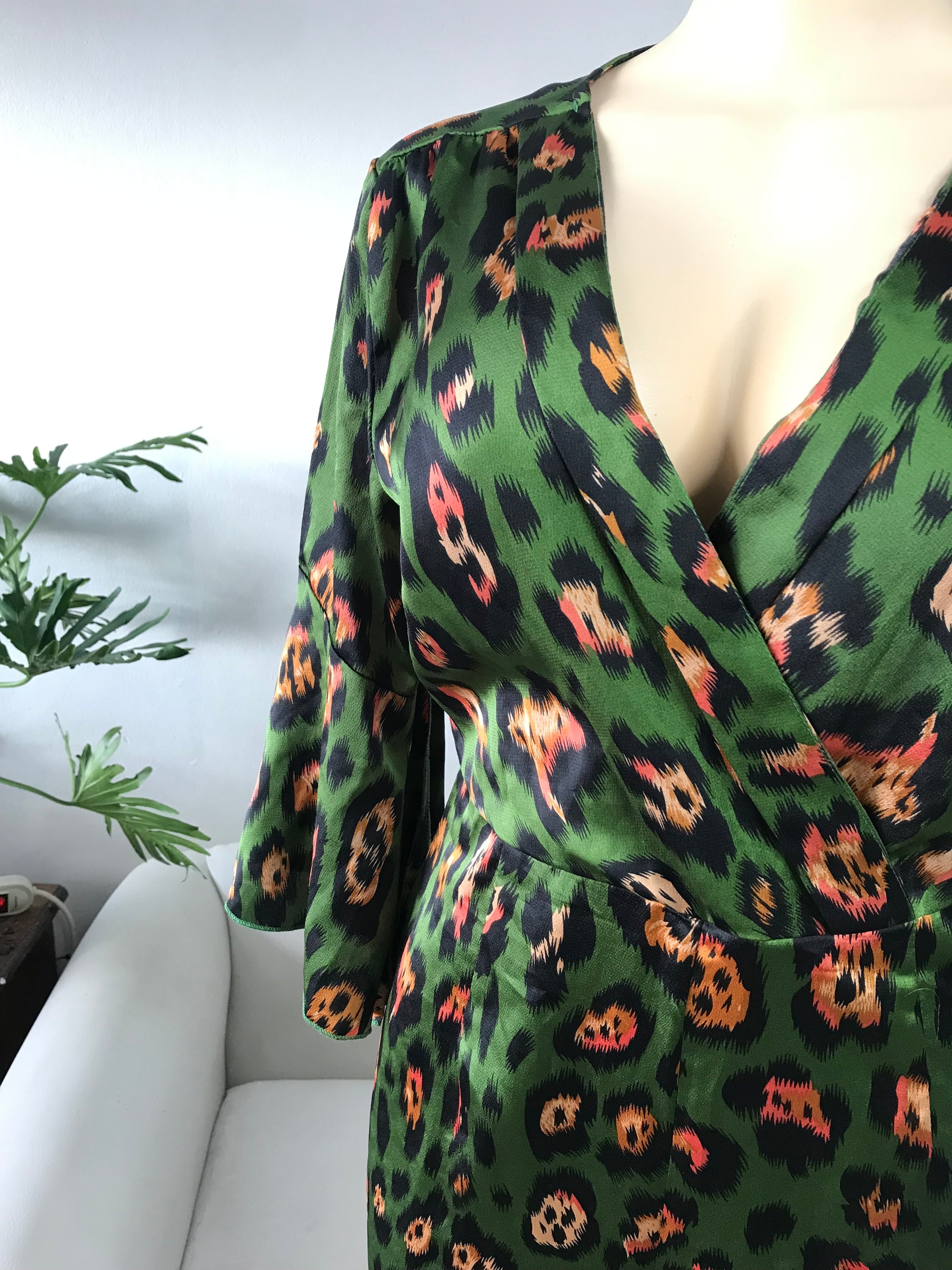 Green Silky Cheetah Bell Sleeve Occasion Jumpsuit / Romper  - S-M ~~~