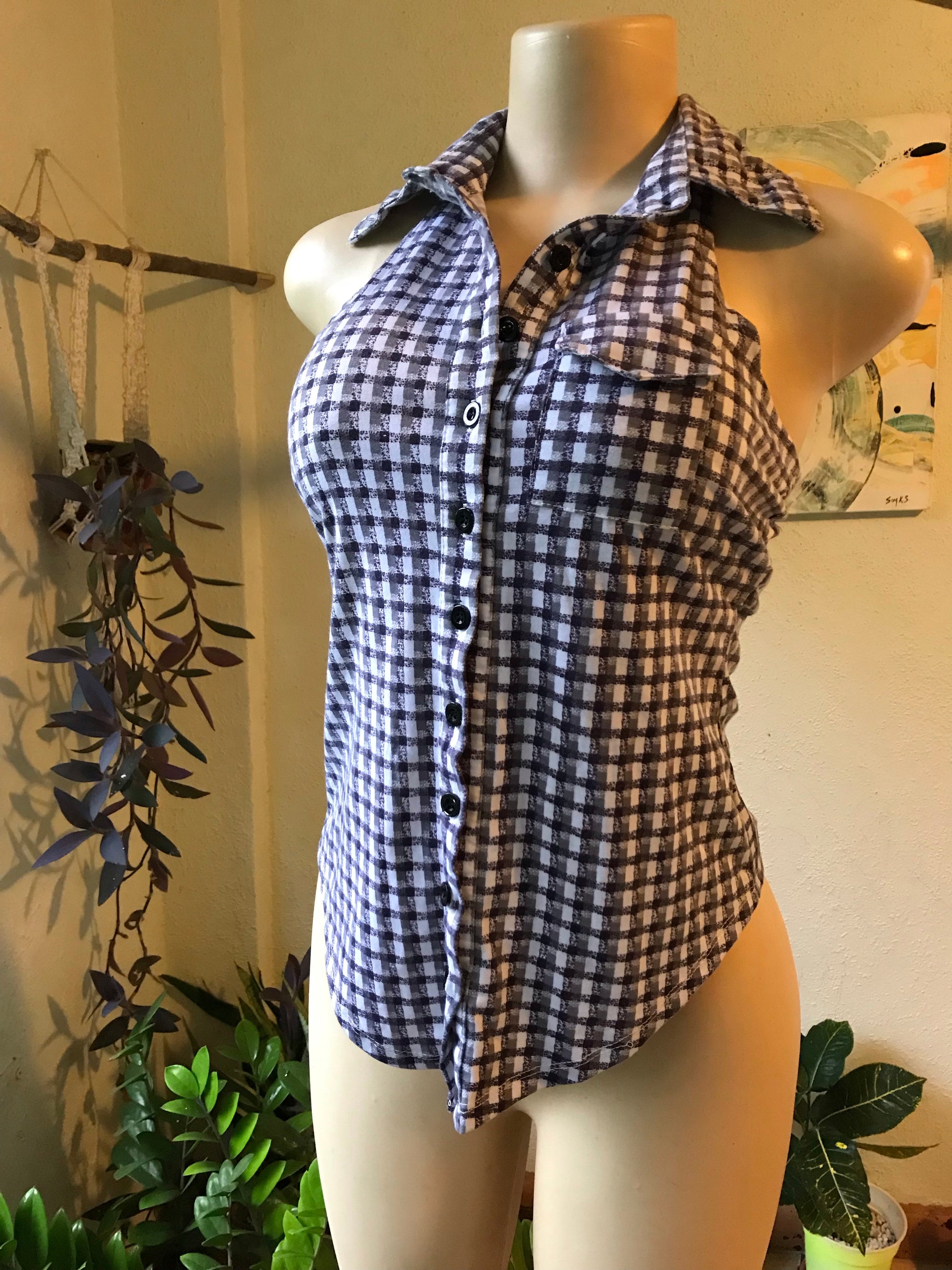 Grey Plaid Sleeveless Button Blouse