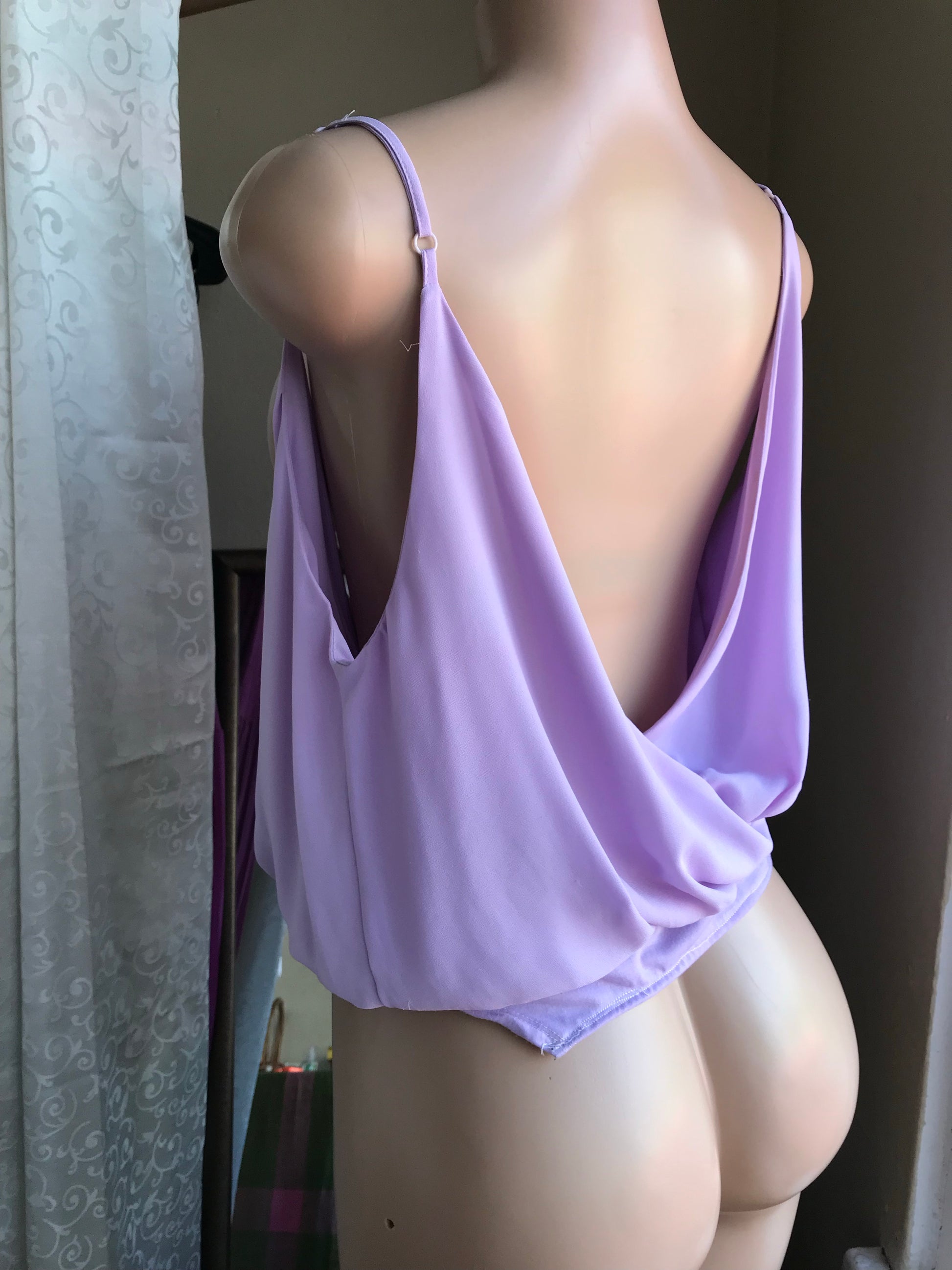 Lilac Plunge Spaghetti Blouse w Back Cut-Out- S/M