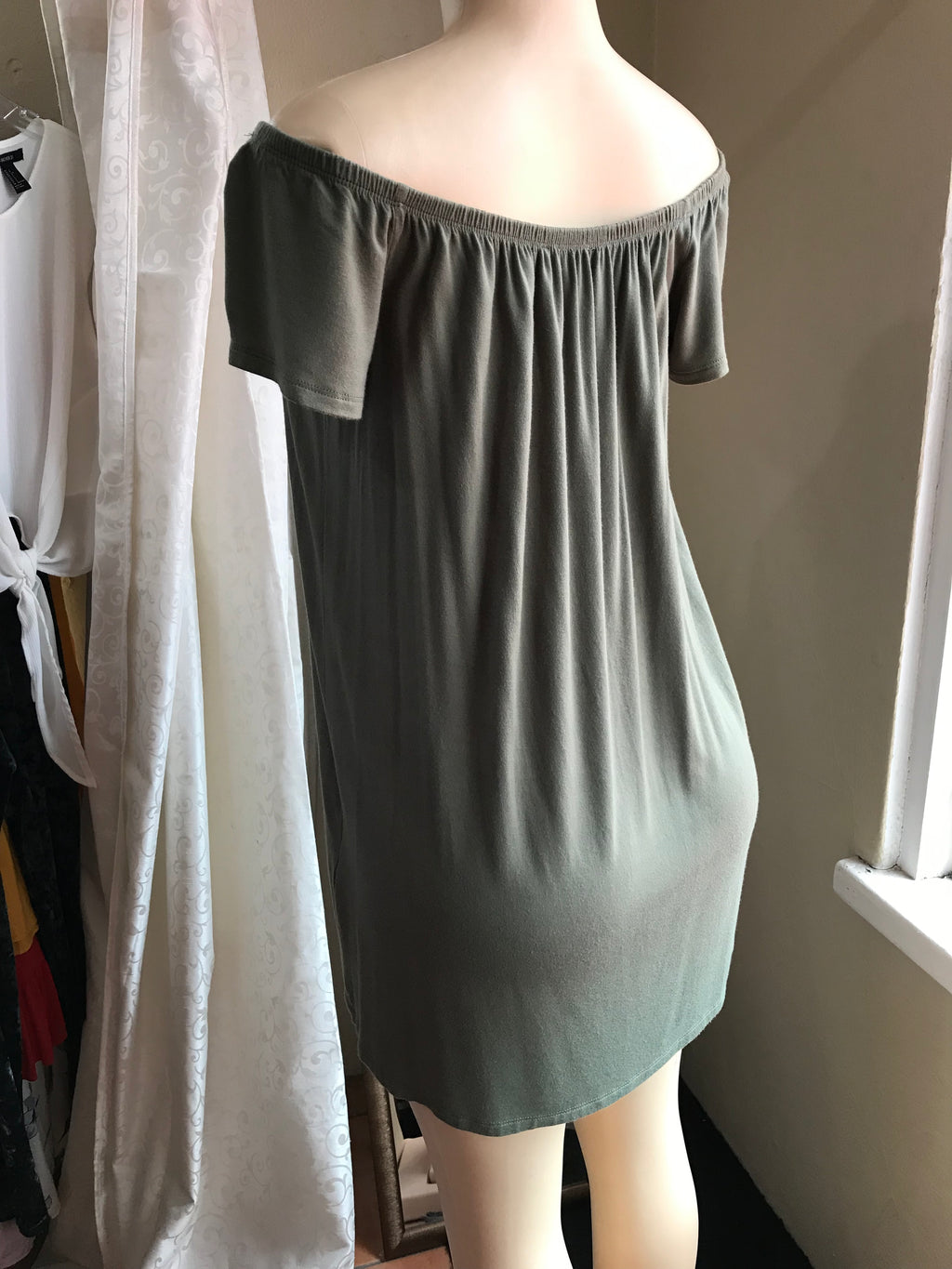Forever 21 Earth Green Off Shoulder Minimal Dress Soft - S