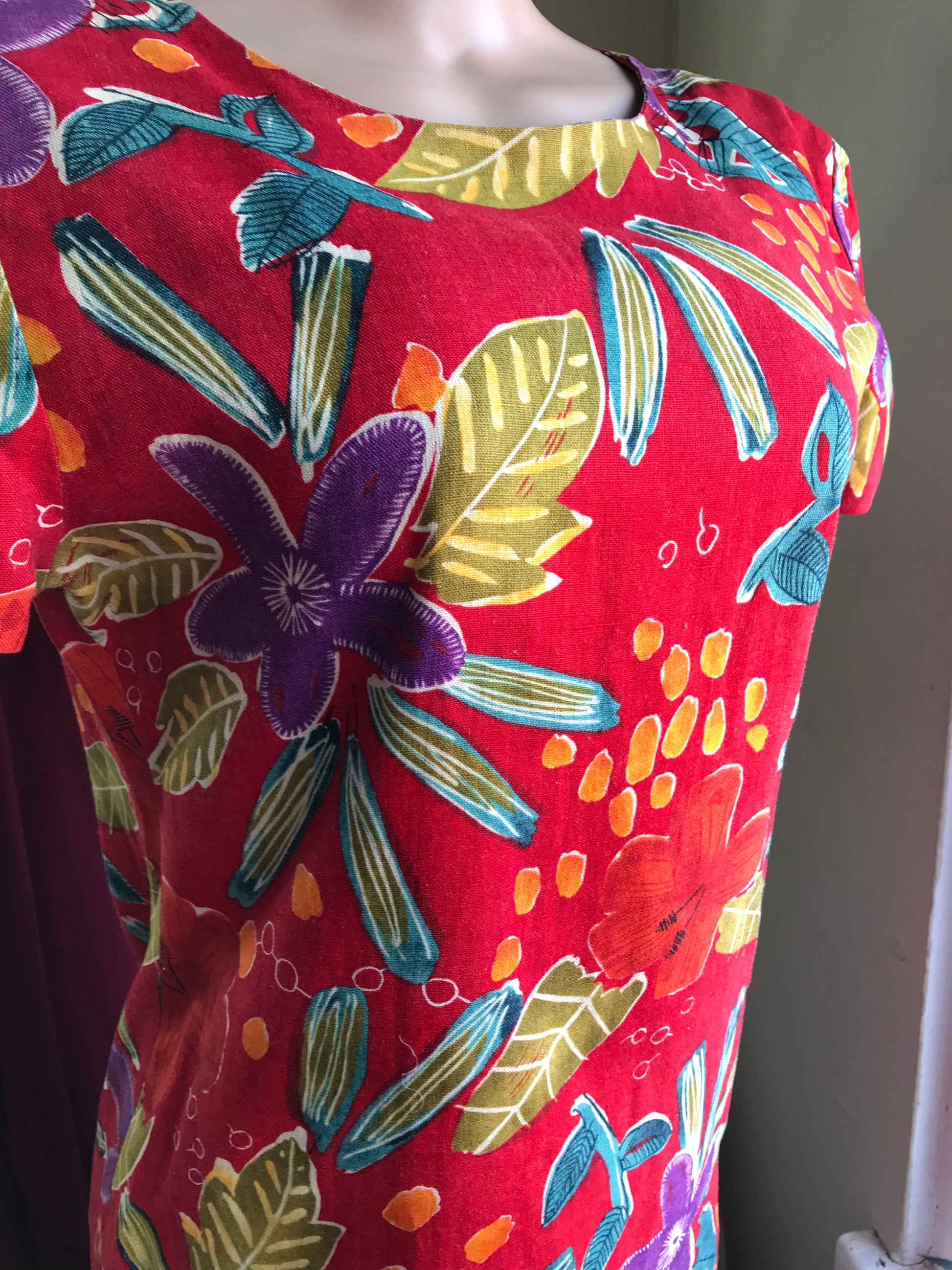 Vintage 100% Linen Red Tunic Dress Button Back Floral - M ^^^