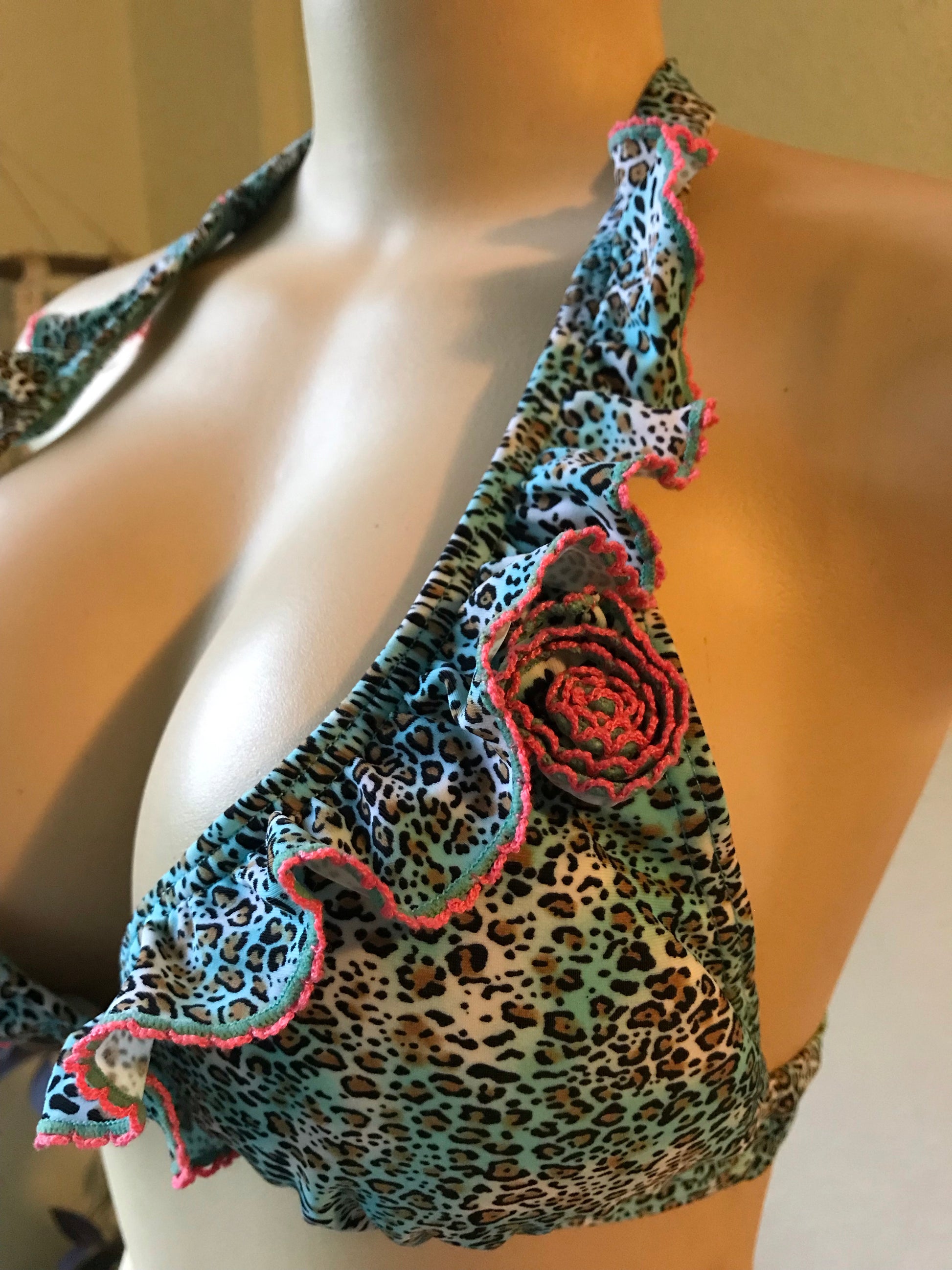 Blue Cheetah Frill Bikini Top