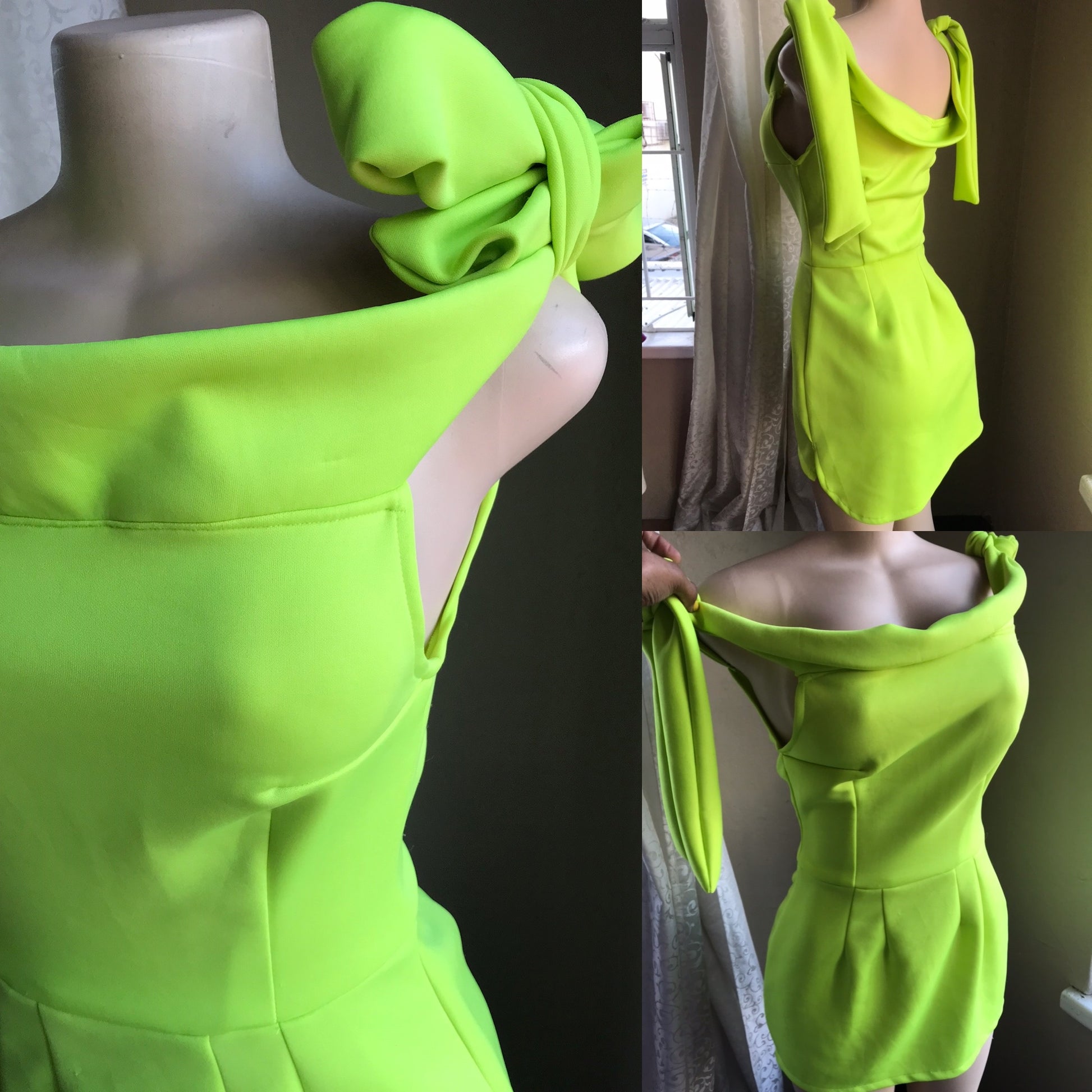 Neon Green Mini Dress Off The Shoulder Tied Foam