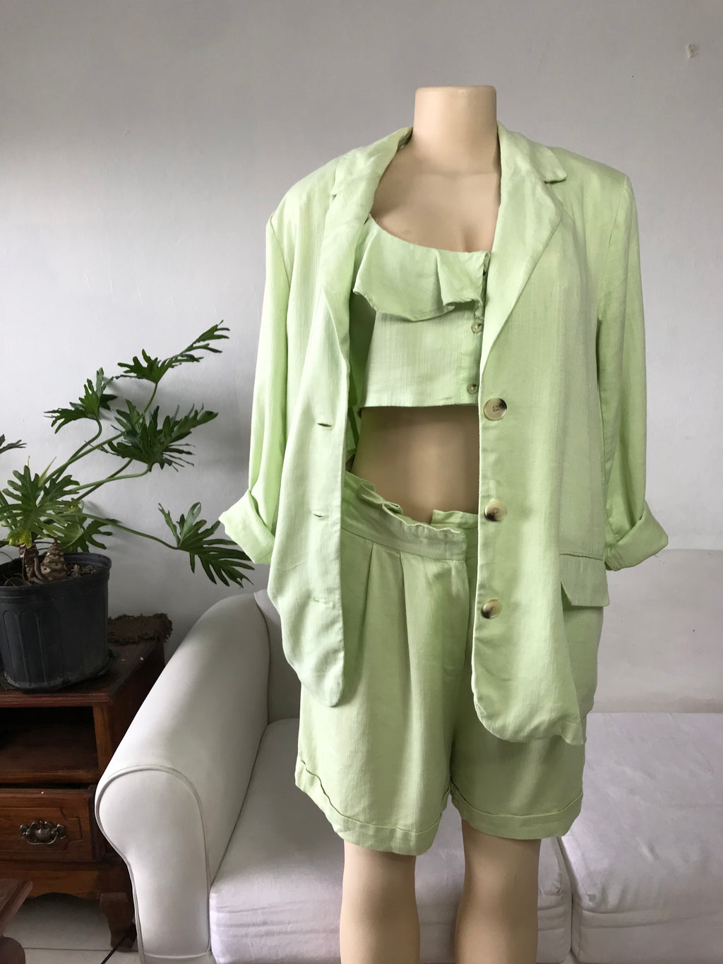 Asos Pastel Green 3 Piece Shorts Blazer Set Linen - M