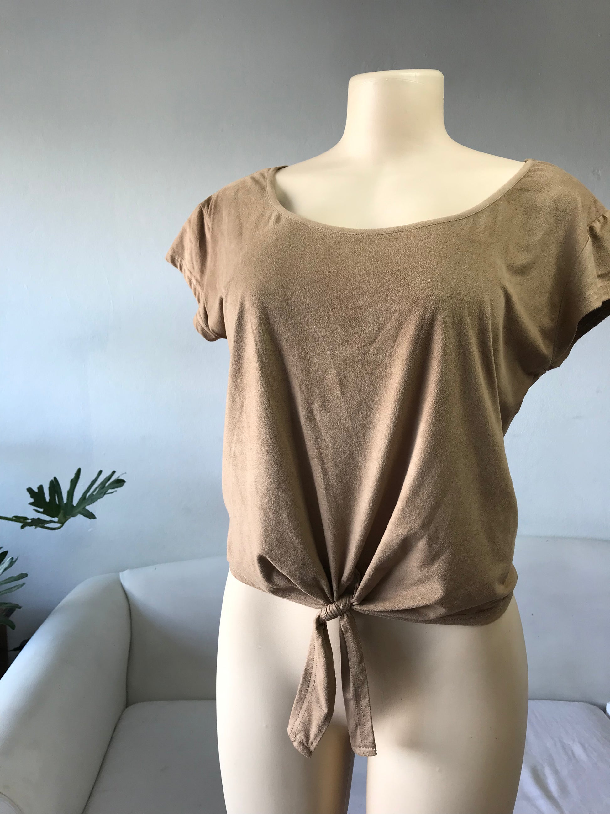 Camel Suede Feel Tee Blouse Tied - L