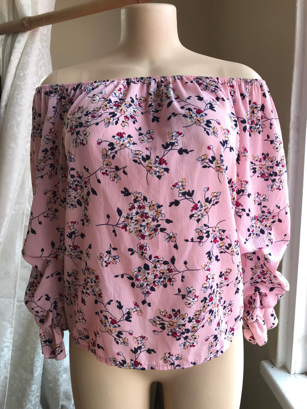 Pink Floral Off the Shoulder Blouse Ruche Sleeve