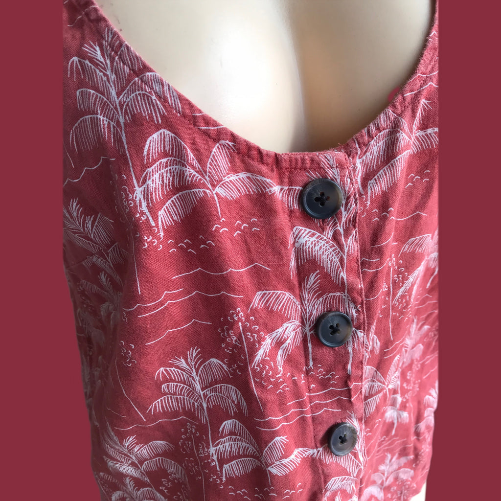 Vintage Linen Palm Print Sleeveless Blouse - M