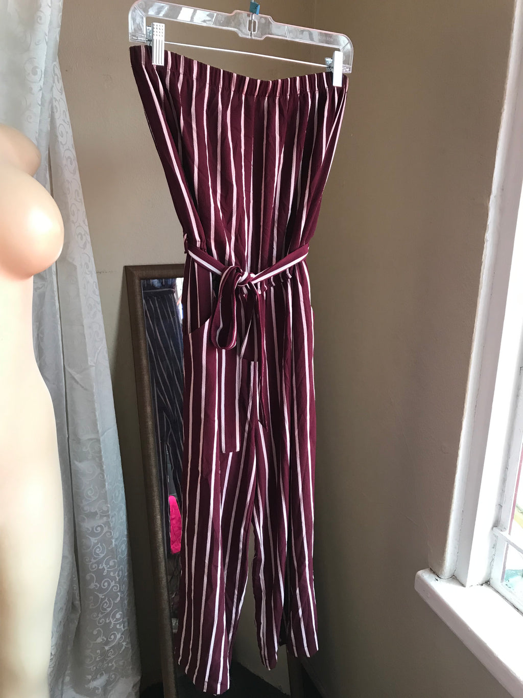 Maroon Stripe Jumpsuit with Pockets- M