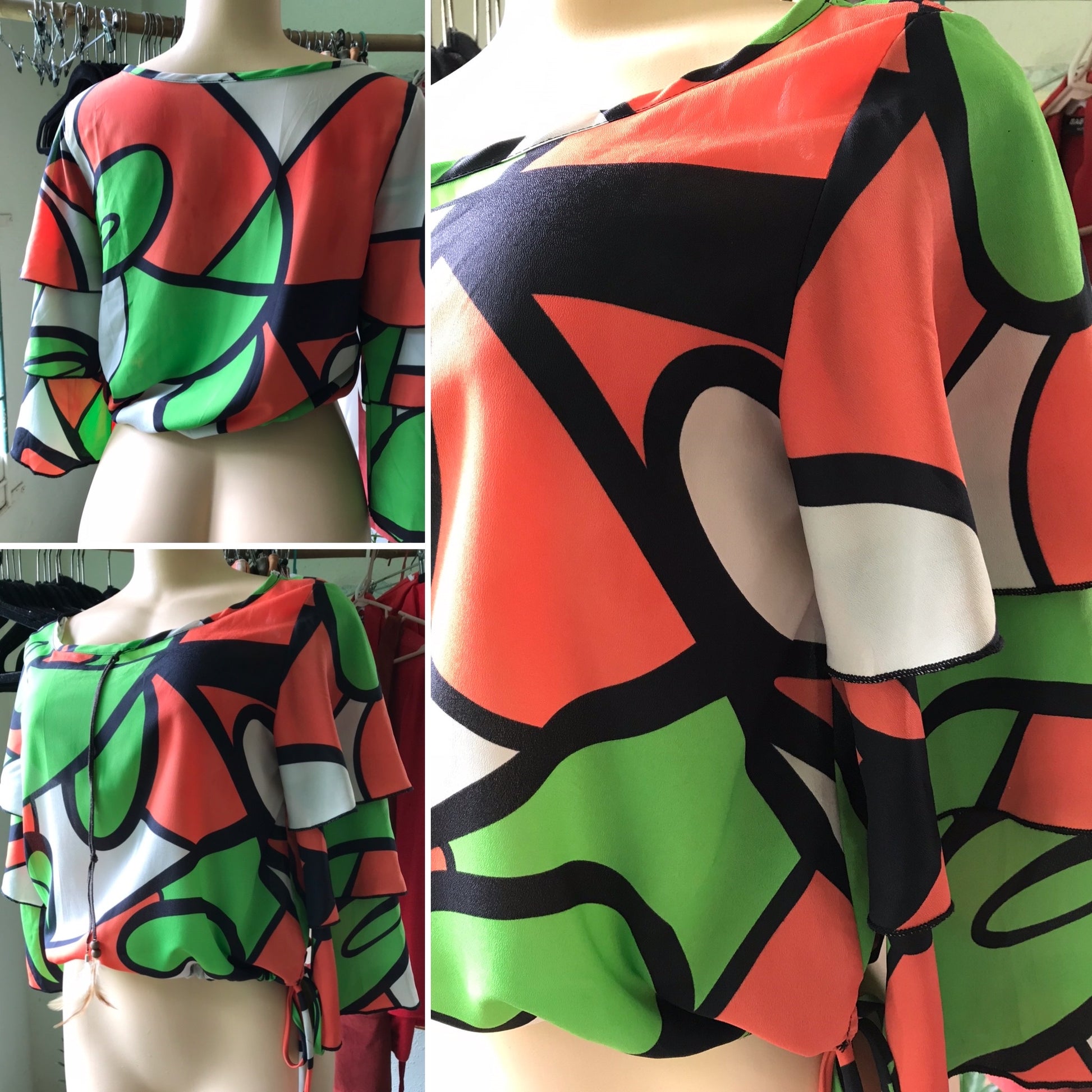 90s Vintage Orange Bold Print Draw String Bell Sleeve Sheer Blouse