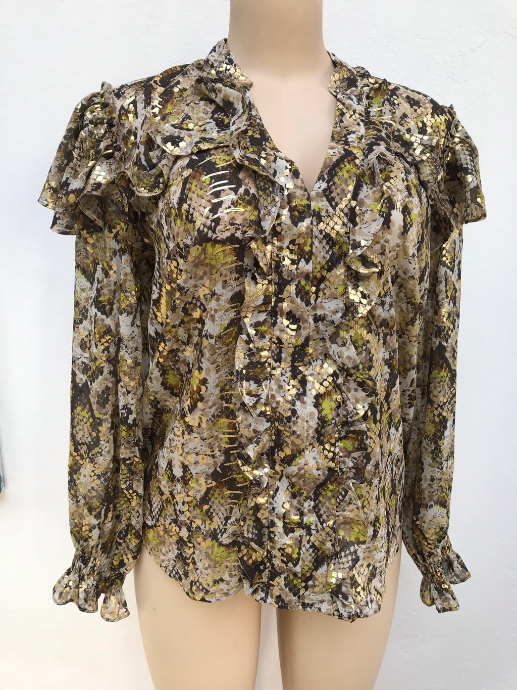 NY Company Snakeskin Goldleaf Frill Blouse Sheer