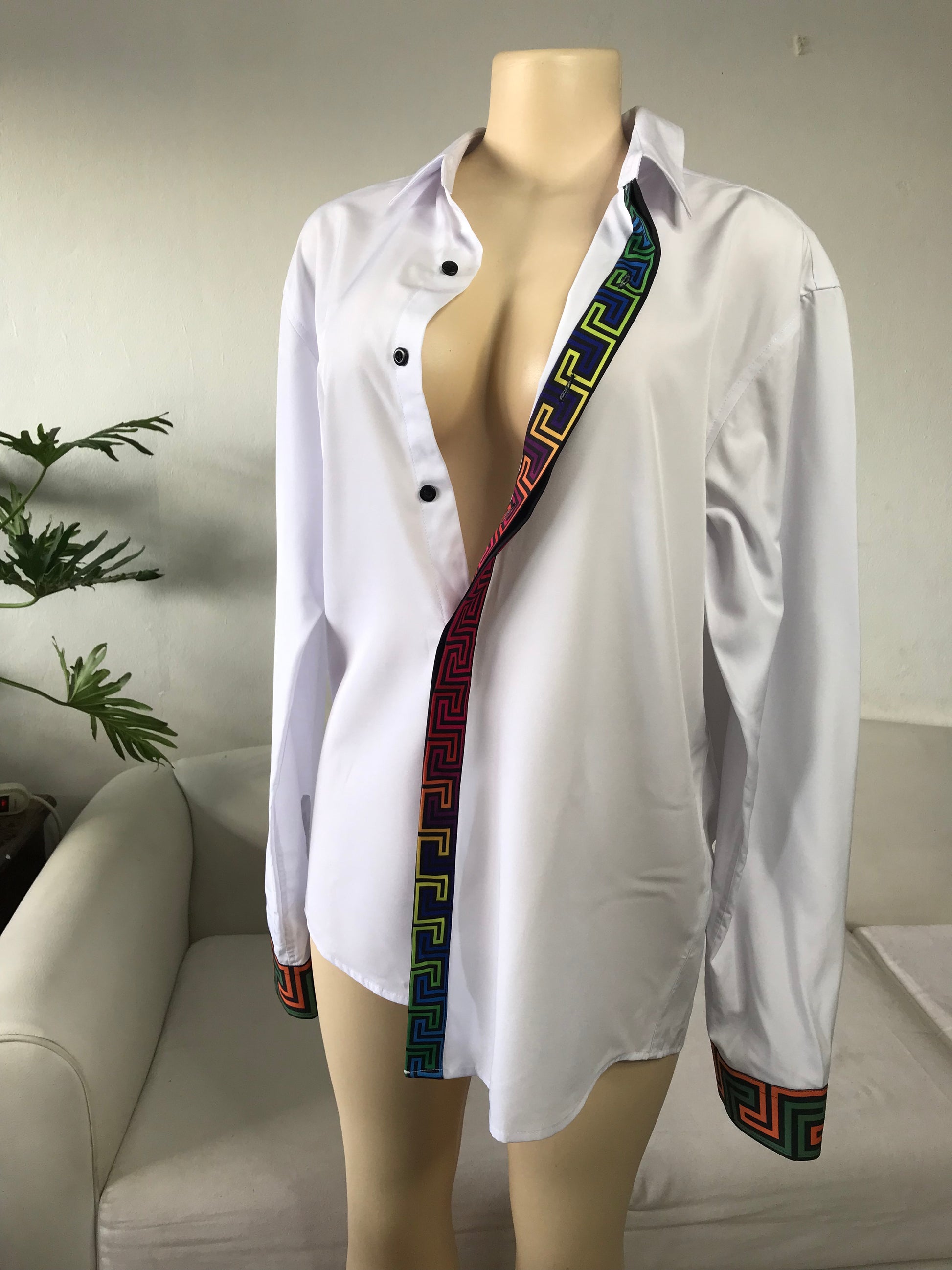 Mens White Shirt Rainbow Aztek Detail - XL