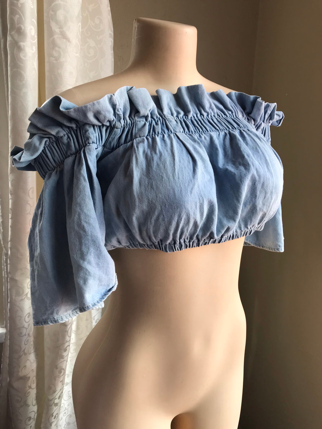 Denim Ruffle Crop Top Short Sleeve