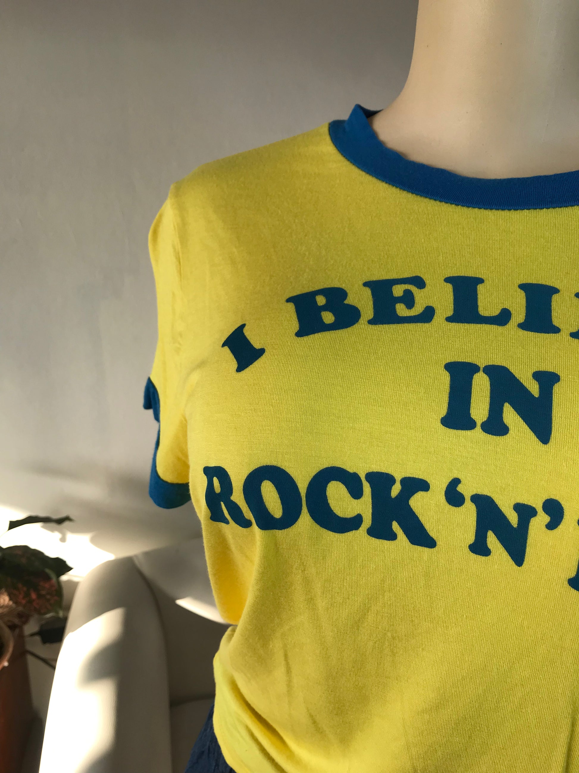 I Believe in Rock n Roll Yellow Blue Graphic Tee - S/M