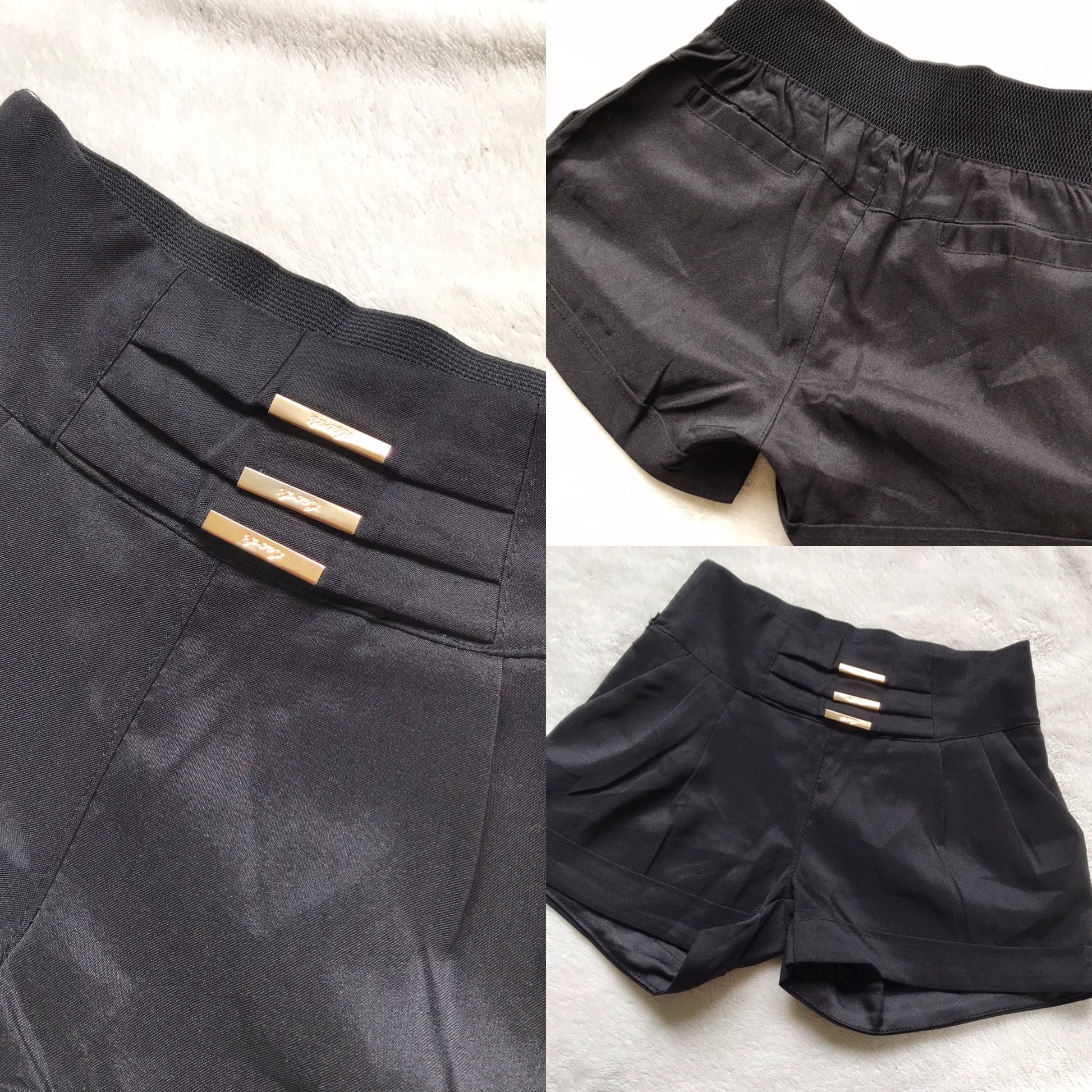 New Cuffed Black High Waist Booty Shorts Gold Detail