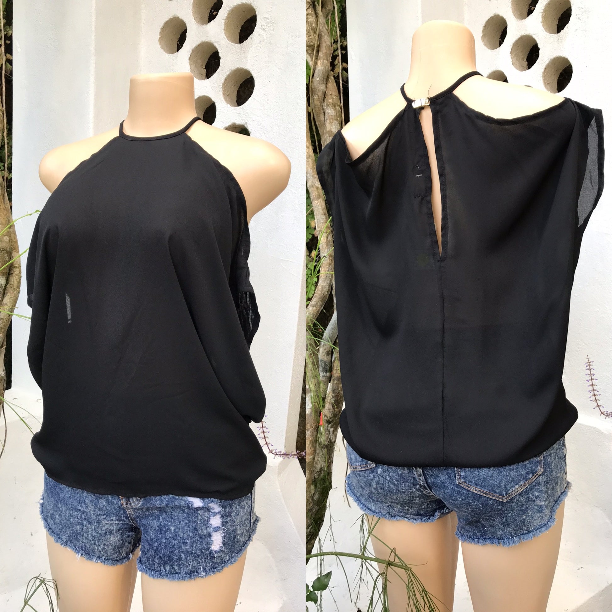 Black Cold Shoulder Sheer Blouse