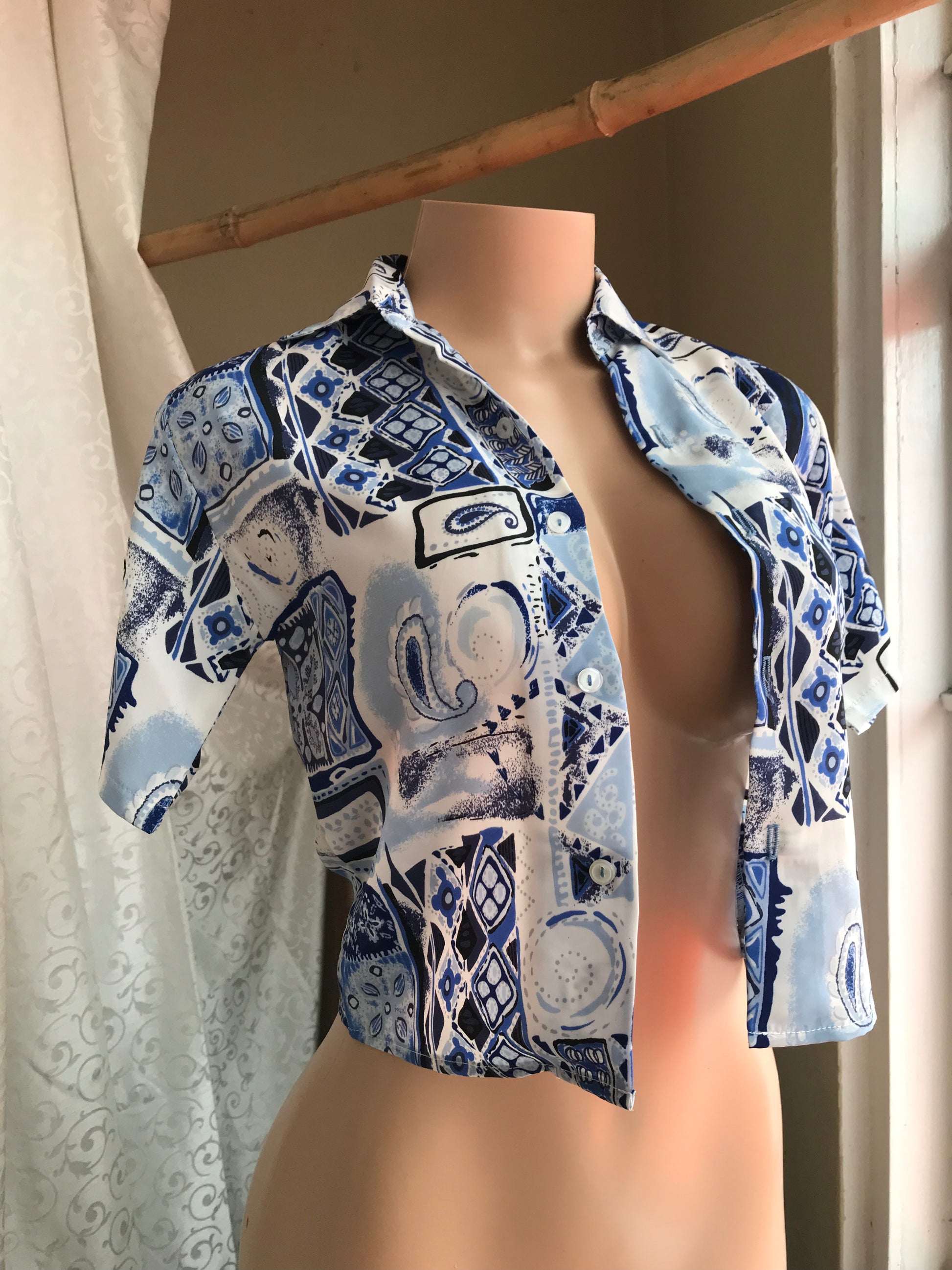 Vintage Blue Print Button Down Shirt - XS/