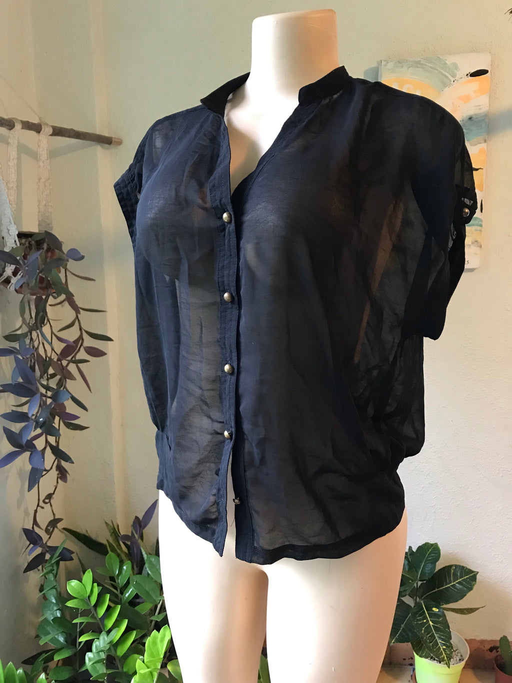 Sheer Black Button Down Blouse Cuffed