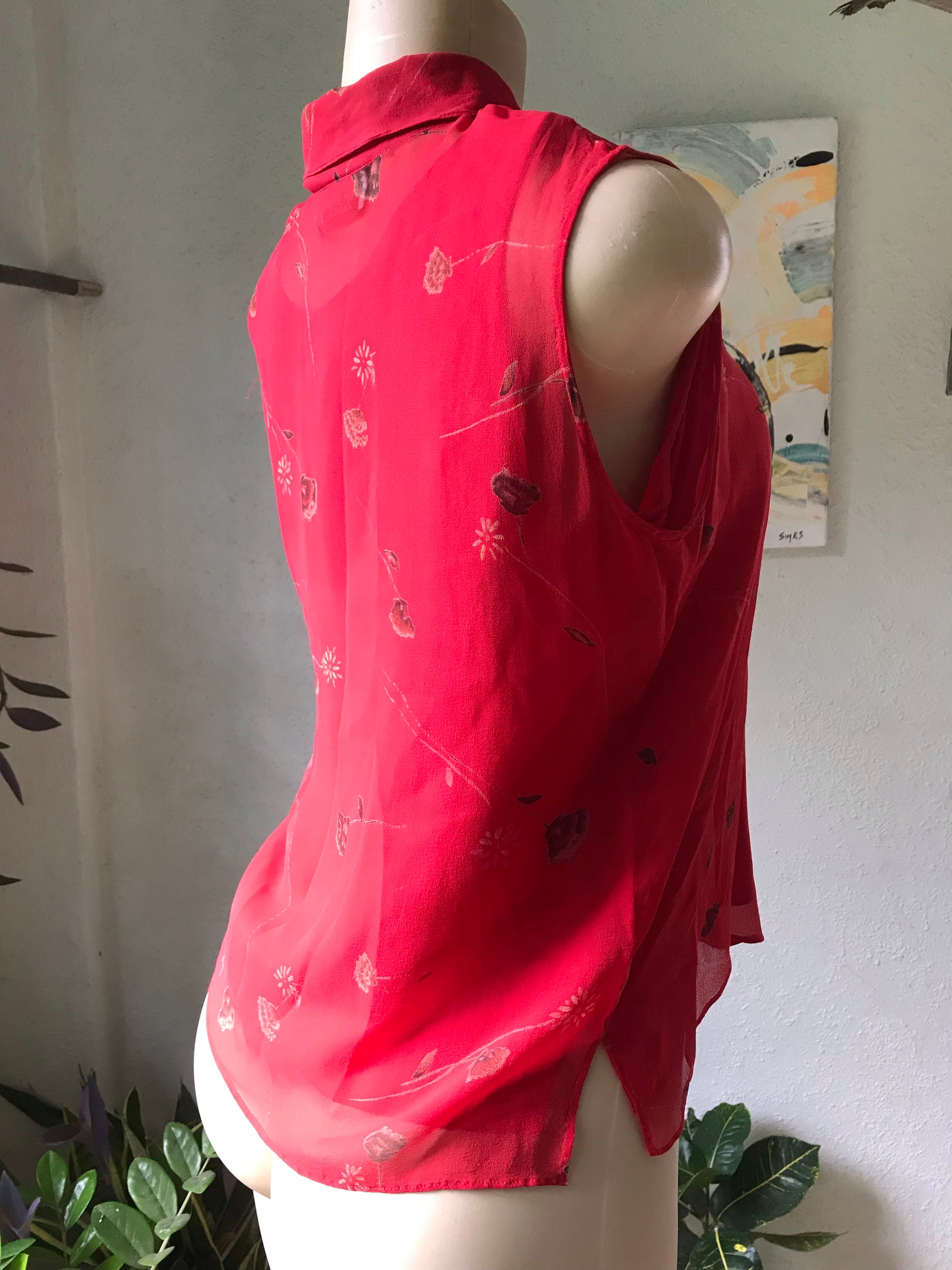100% Silk Red Sleeveless Blouse Underlay Subtle Print