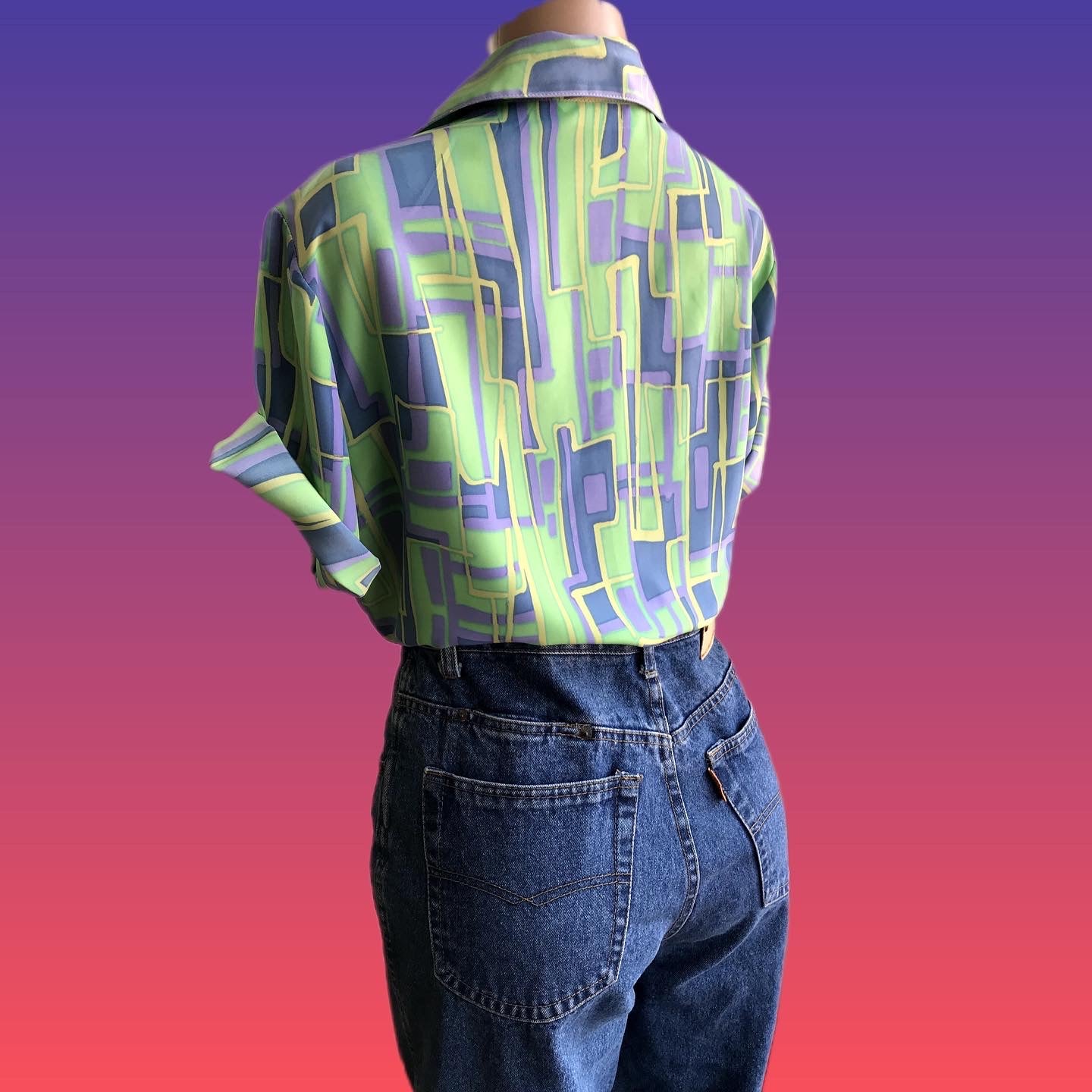 Vintage Green & Purple Groovy Print Button Shirt - L