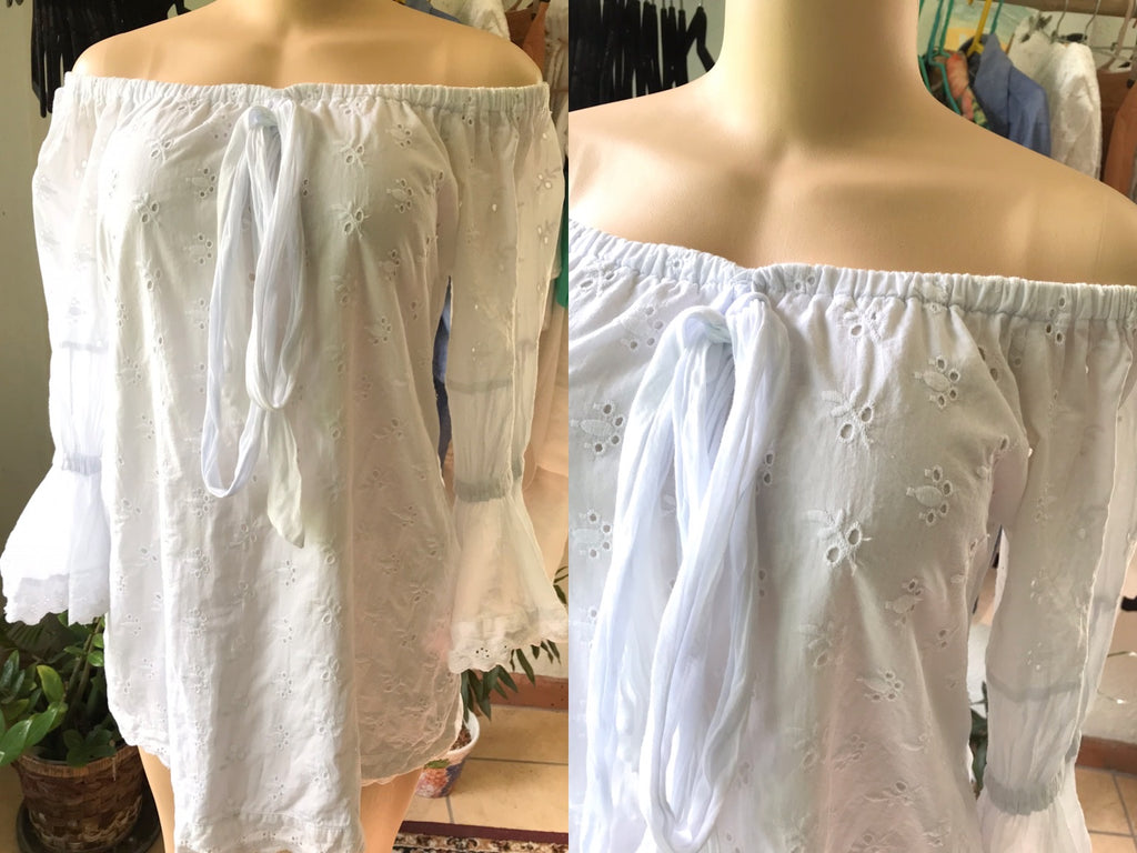 MEILING Bell Sleeve Eyelet Mini Dress off the Shoulder