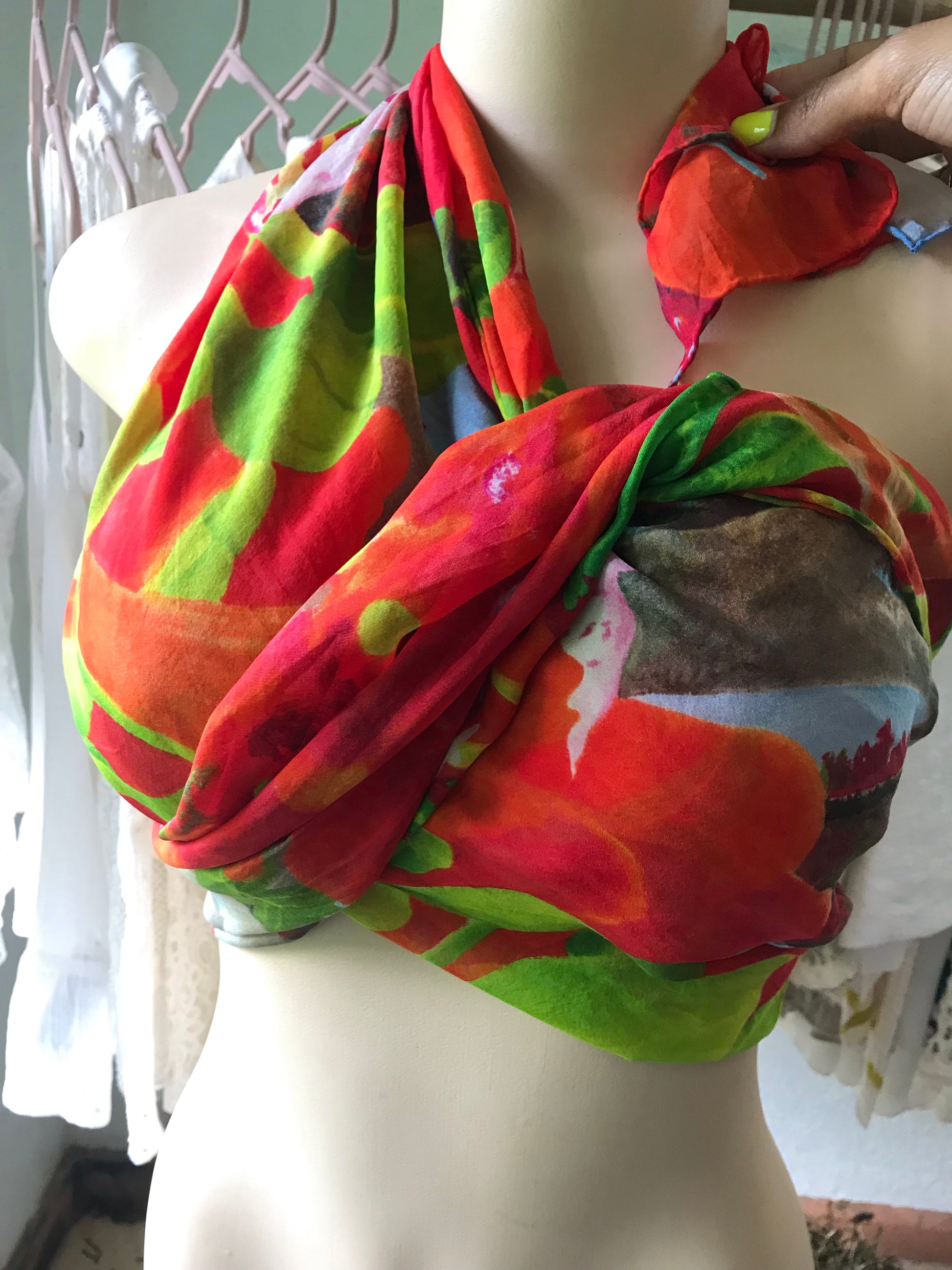 Red 100% Silk Printed Scarf