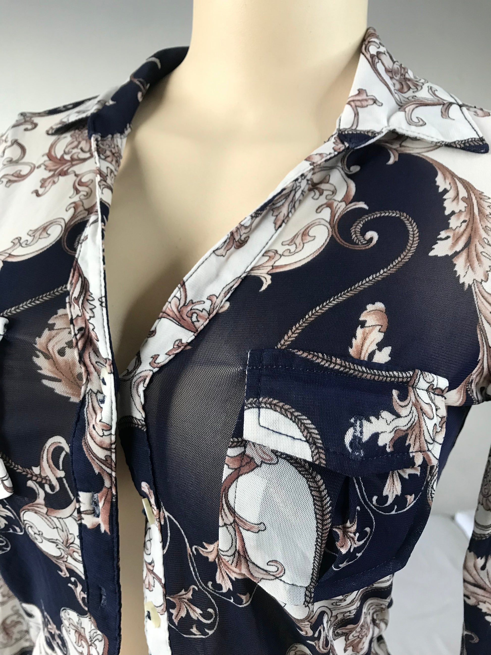 Navy Ornate Button Blouse Mesh - S/M