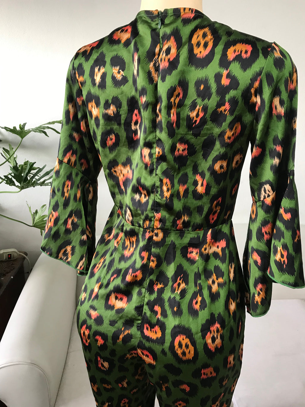 Green Silky Cheetah Bell Sleeve Occasion Jumpsuit / Romper  - S-M ~~~