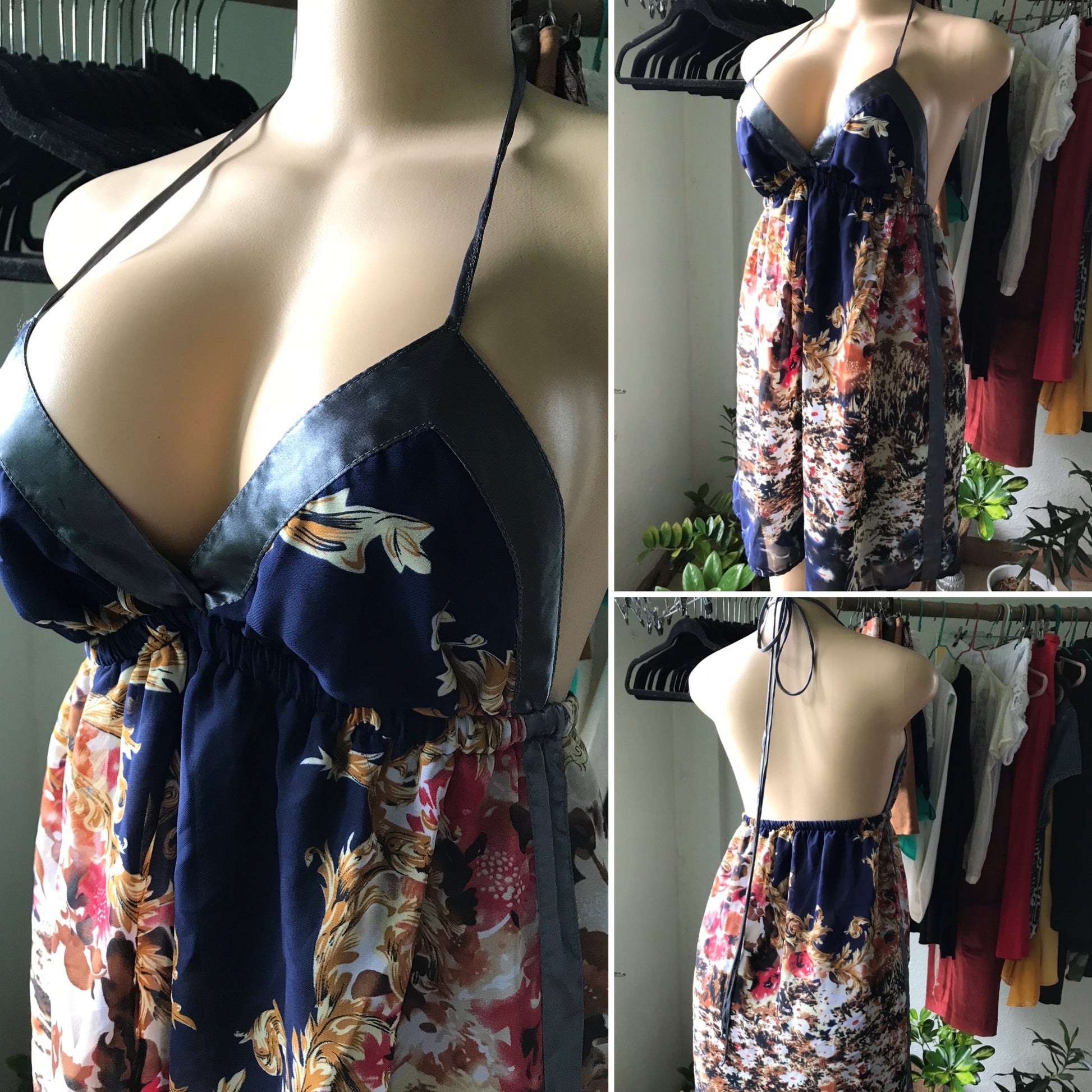 Backless Sheer Halter Dress Ribbon Edging